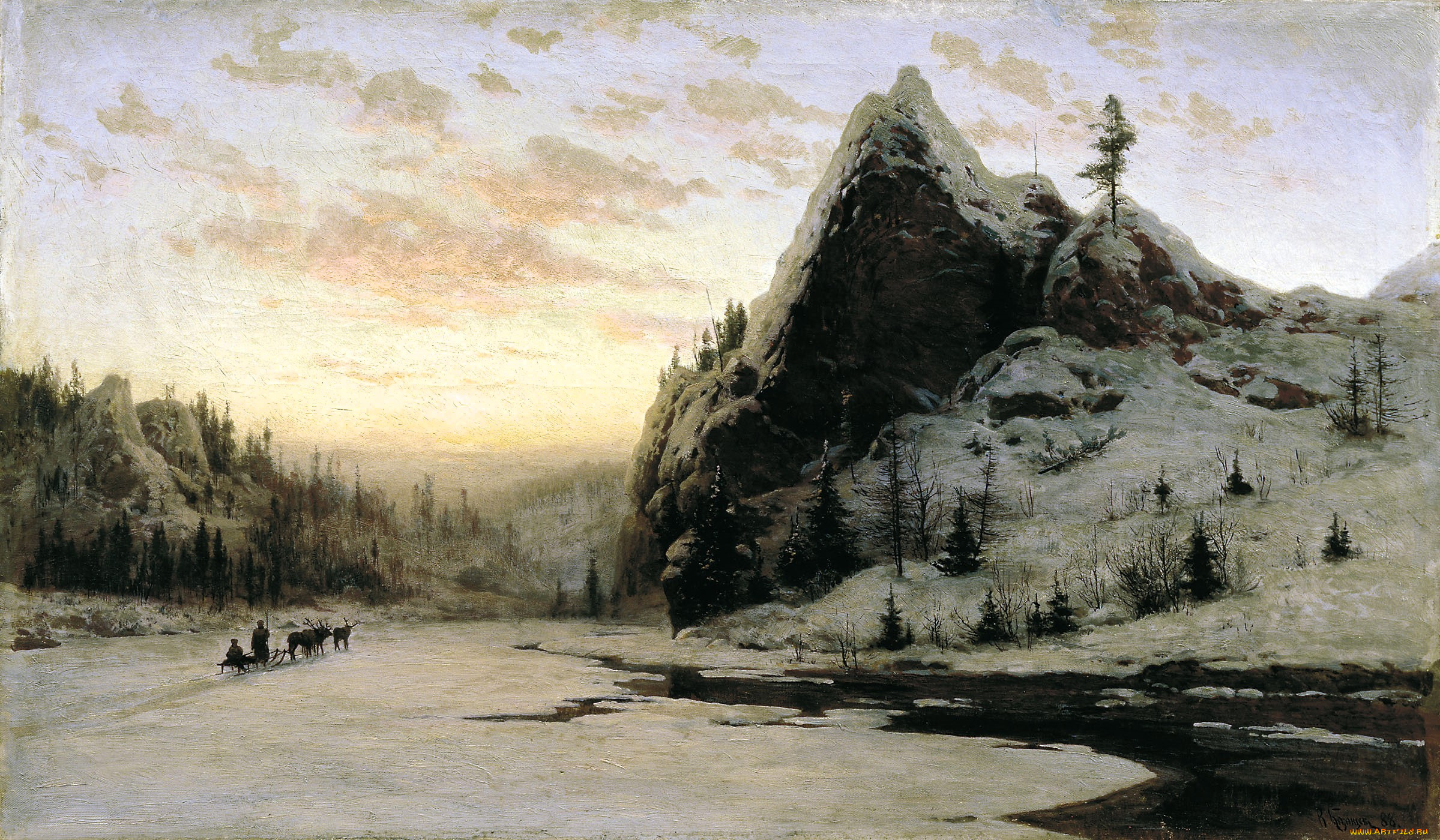 карасев, владимир, -, на, урале, рисованное, живопись, горы, снег, зима, лес, река, сани, олени