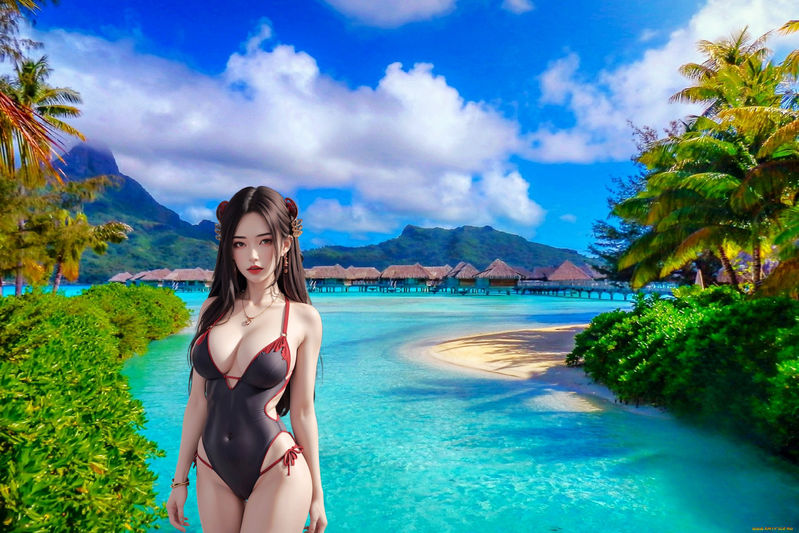 разное, компьютерный, дизайн, азиатка, купальник