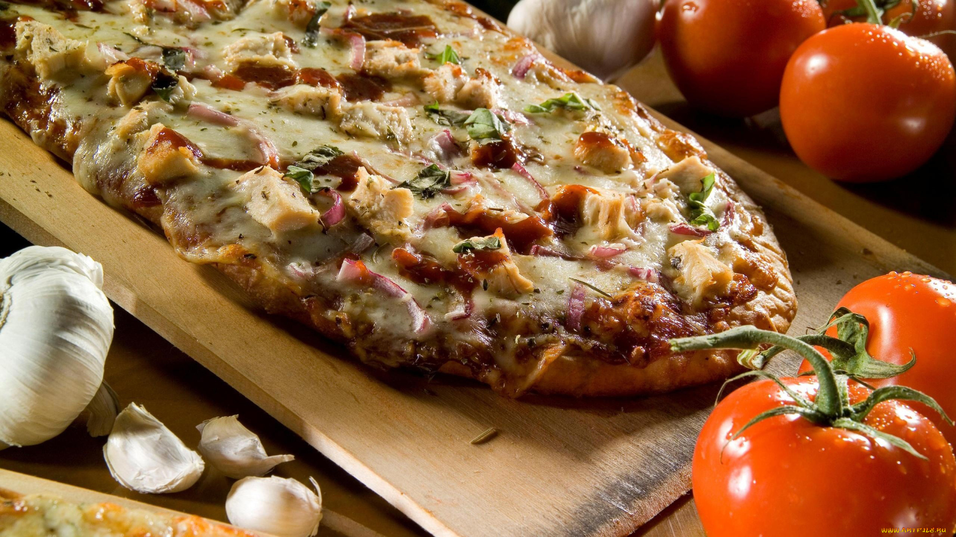 еда, пицца, чеснок, помидоры, томаты