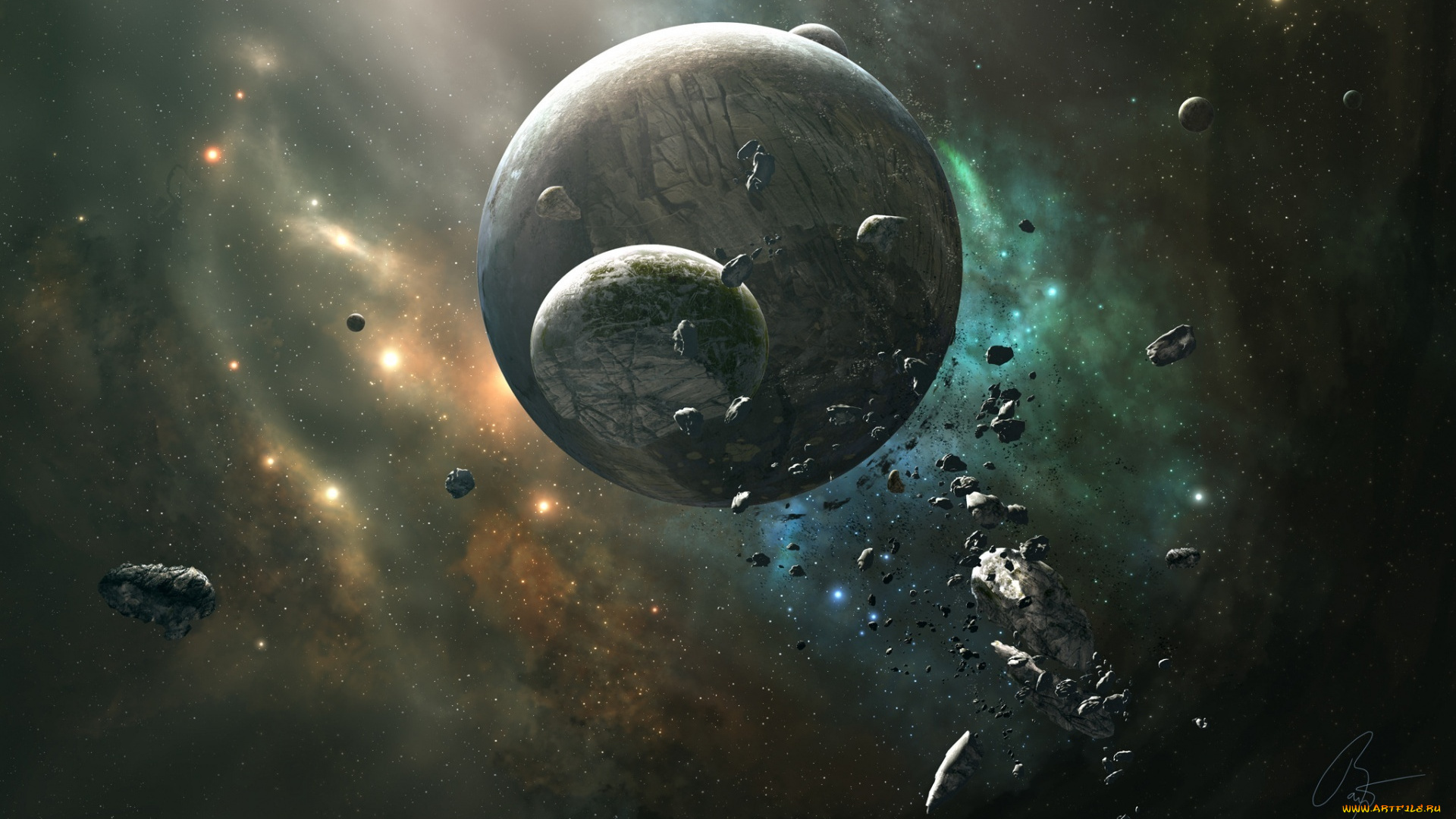 космос, арт, туманность, астероиды, планета