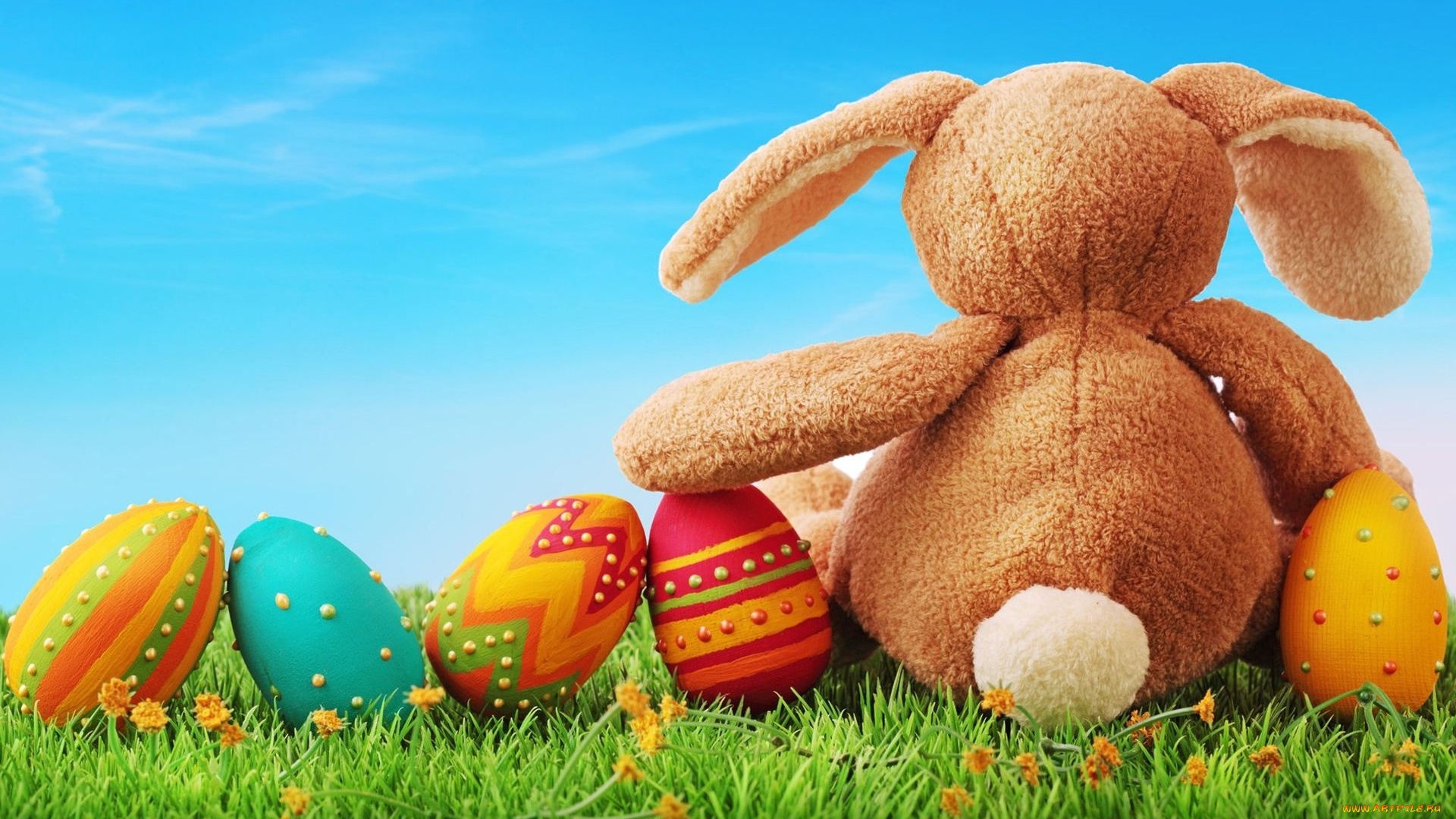 праздничные, пасха, трава, цветы, крашенки, пасхальные, яйца, игрушка, кролик