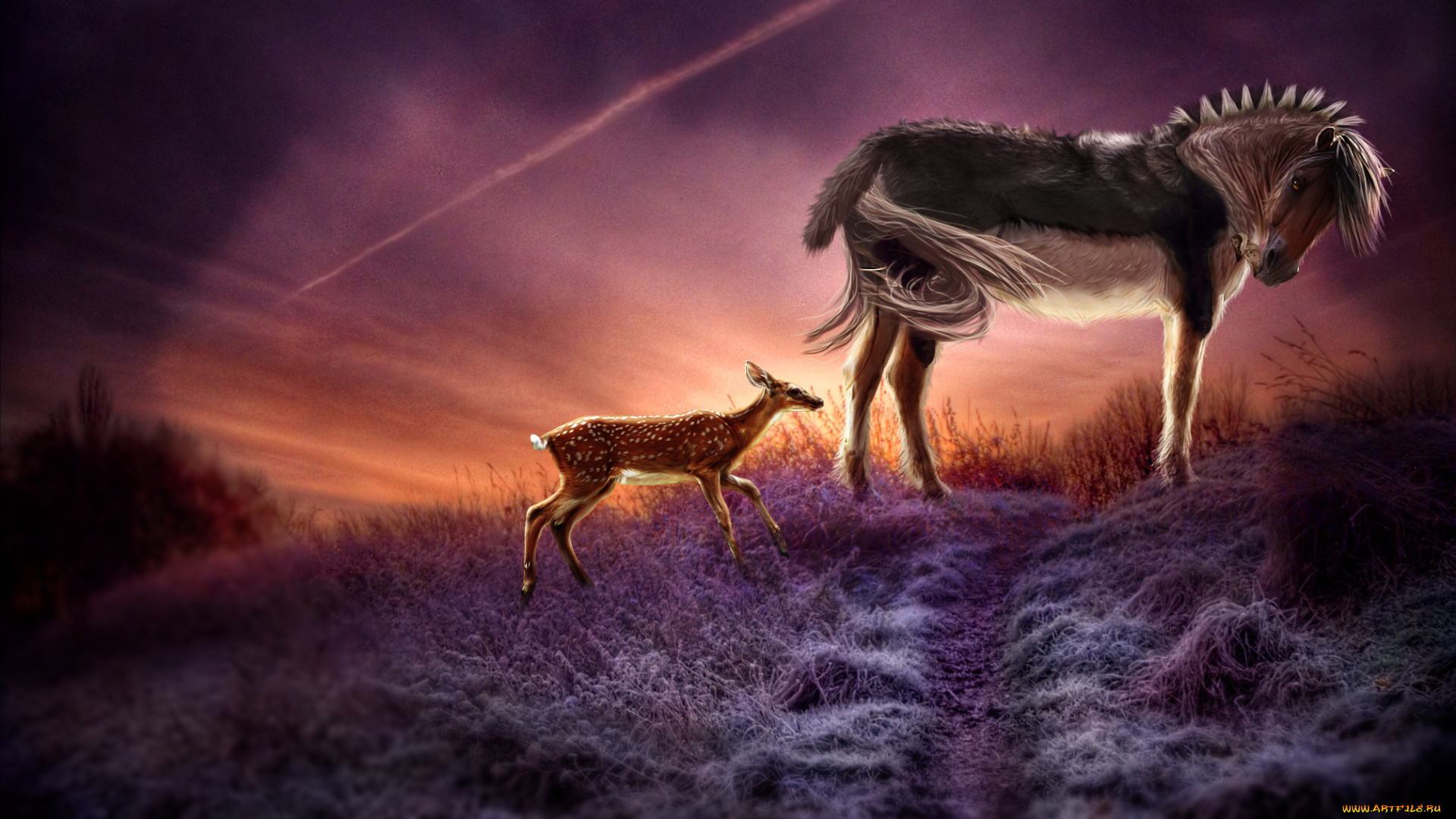 3d, 3д, графика, animals, животные, олень, конь, иней, закат, art