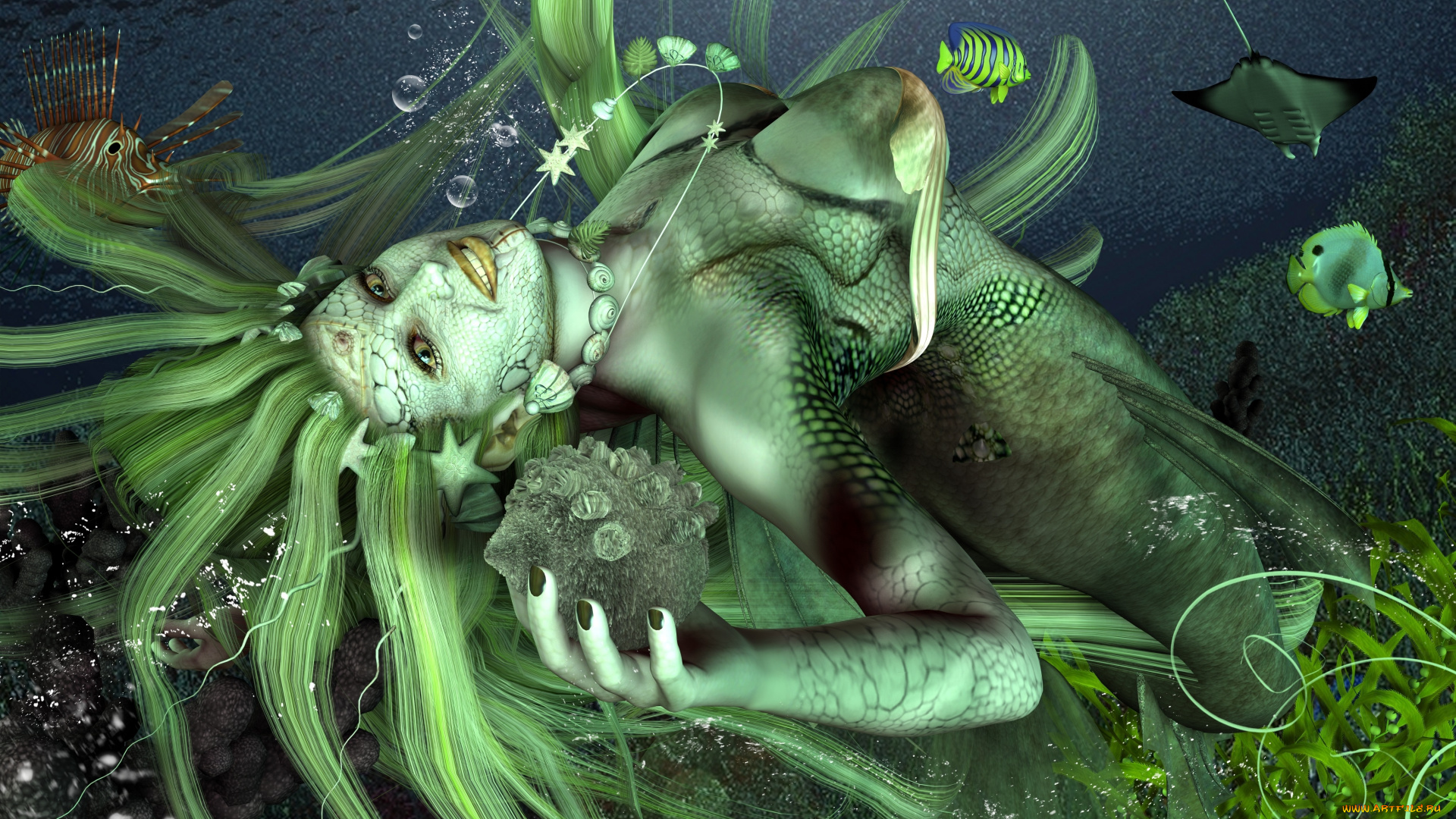 3д, графика, creatures, существа, русалка, рыбы, океан