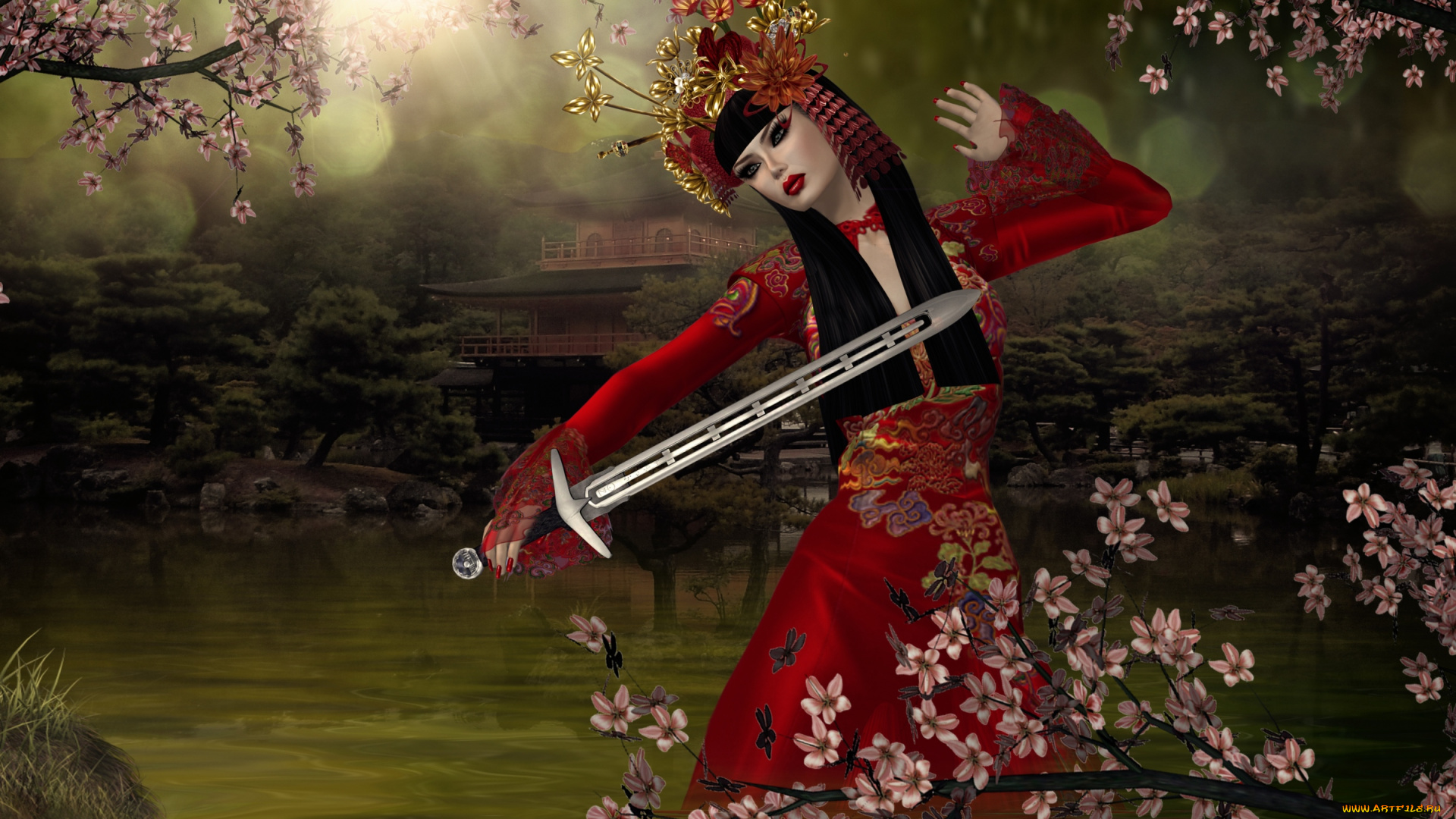 3д, графика, people, люди, девушка, цветение, меч