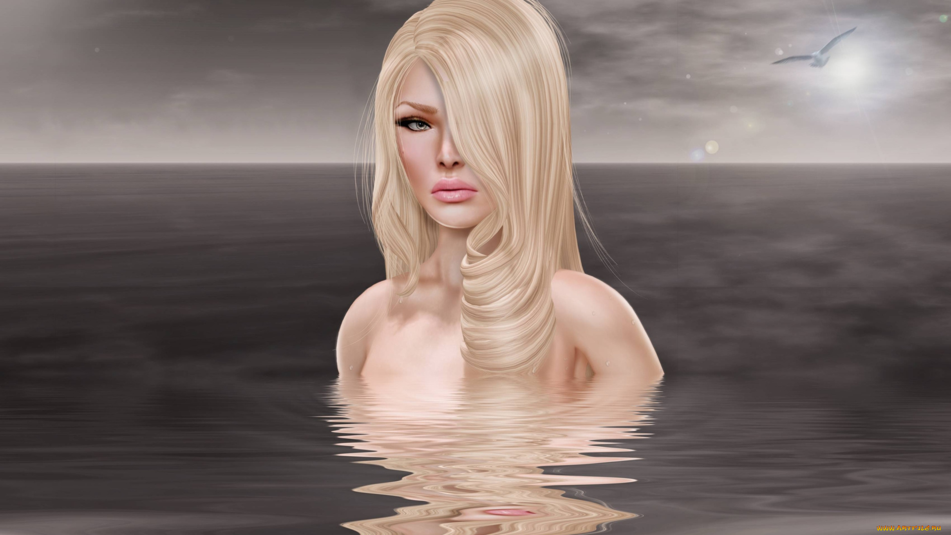3д, графика, portraits, портрет, блондинка, вода