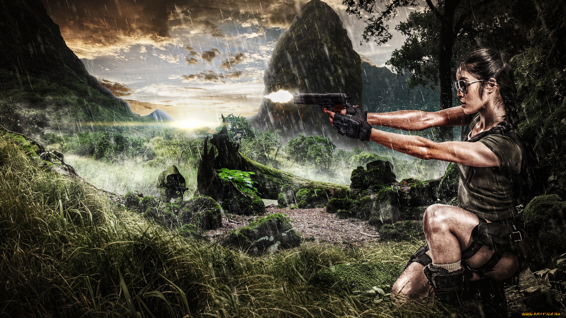 фэнтези, девушки, пистолет, лара, крофт, дождь