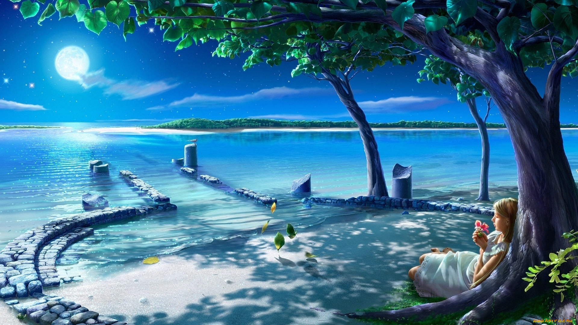 фэнтези, kagaya, камни, дерево, море, луна, девушка