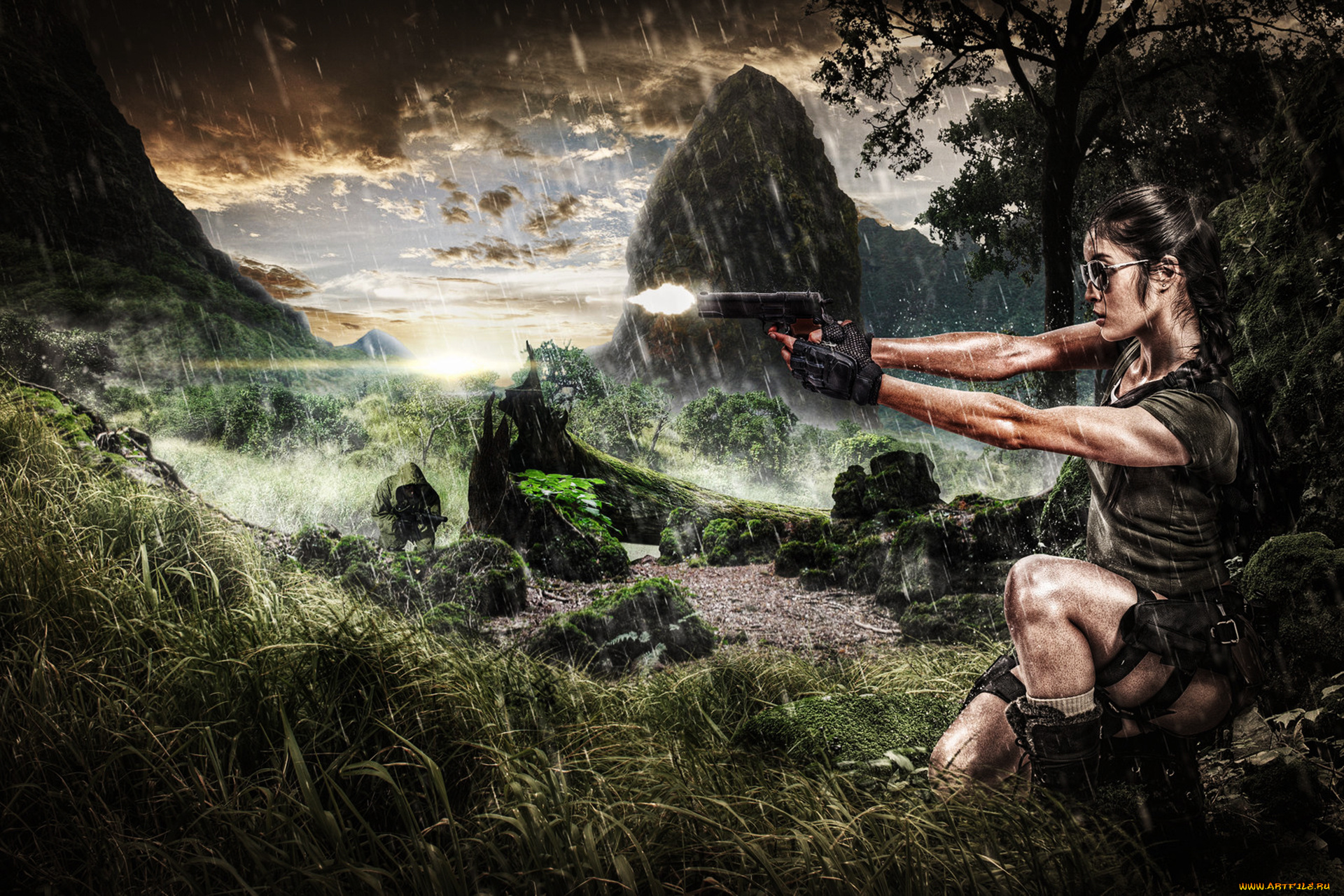 фэнтези, девушки, пистолет, лара, крофт, дождь