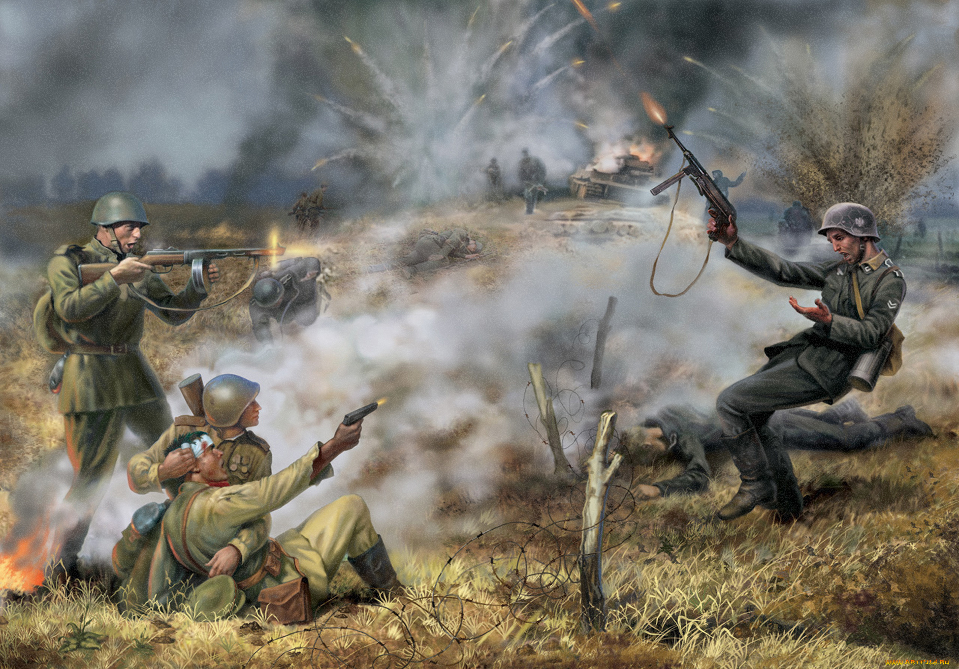 рисованные, армия, танк, поле, фашисты, немцы, русские