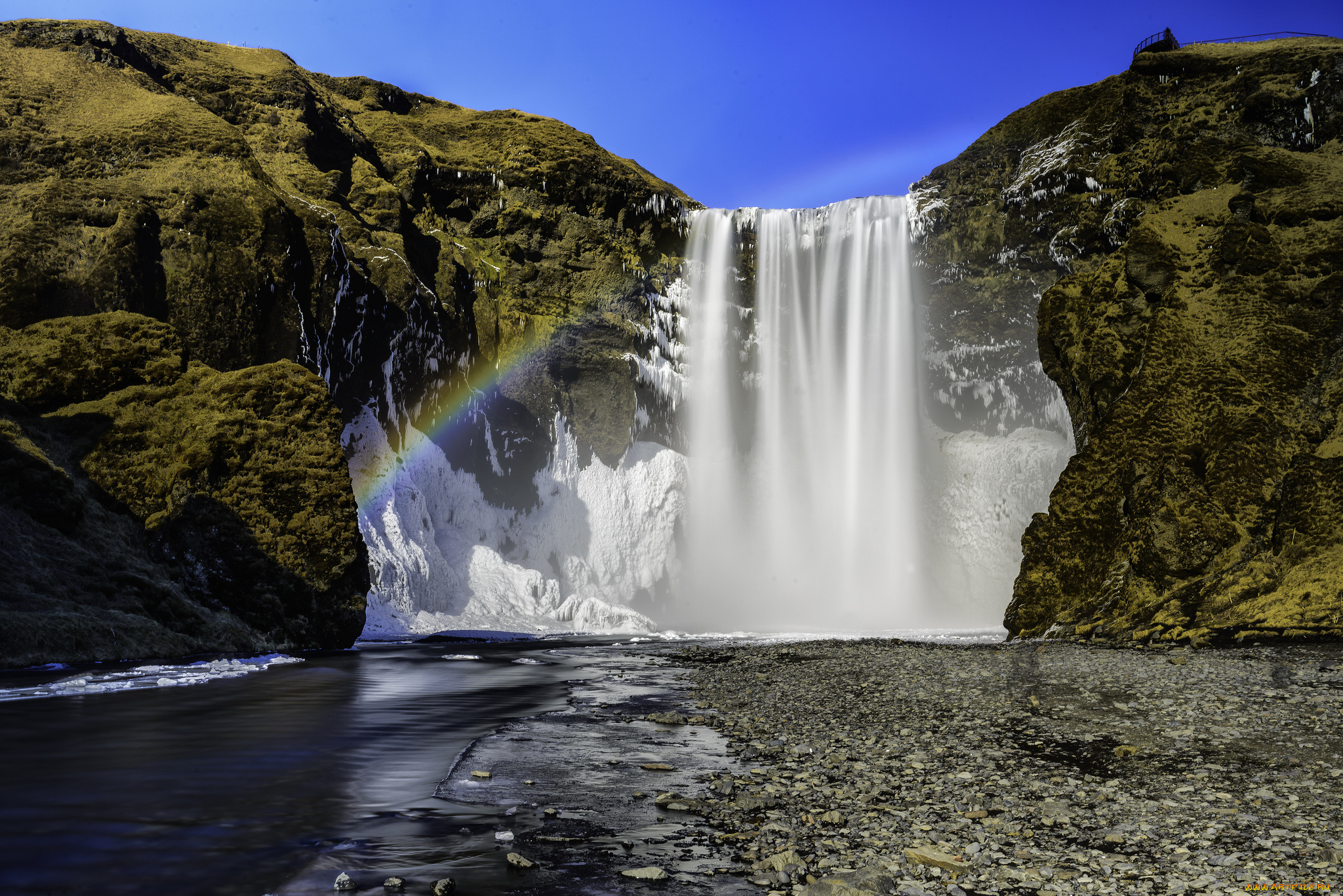 водопад, скогафосс, skogafoss, исландия, природа, водопады, iceland, скалы, радуга, река