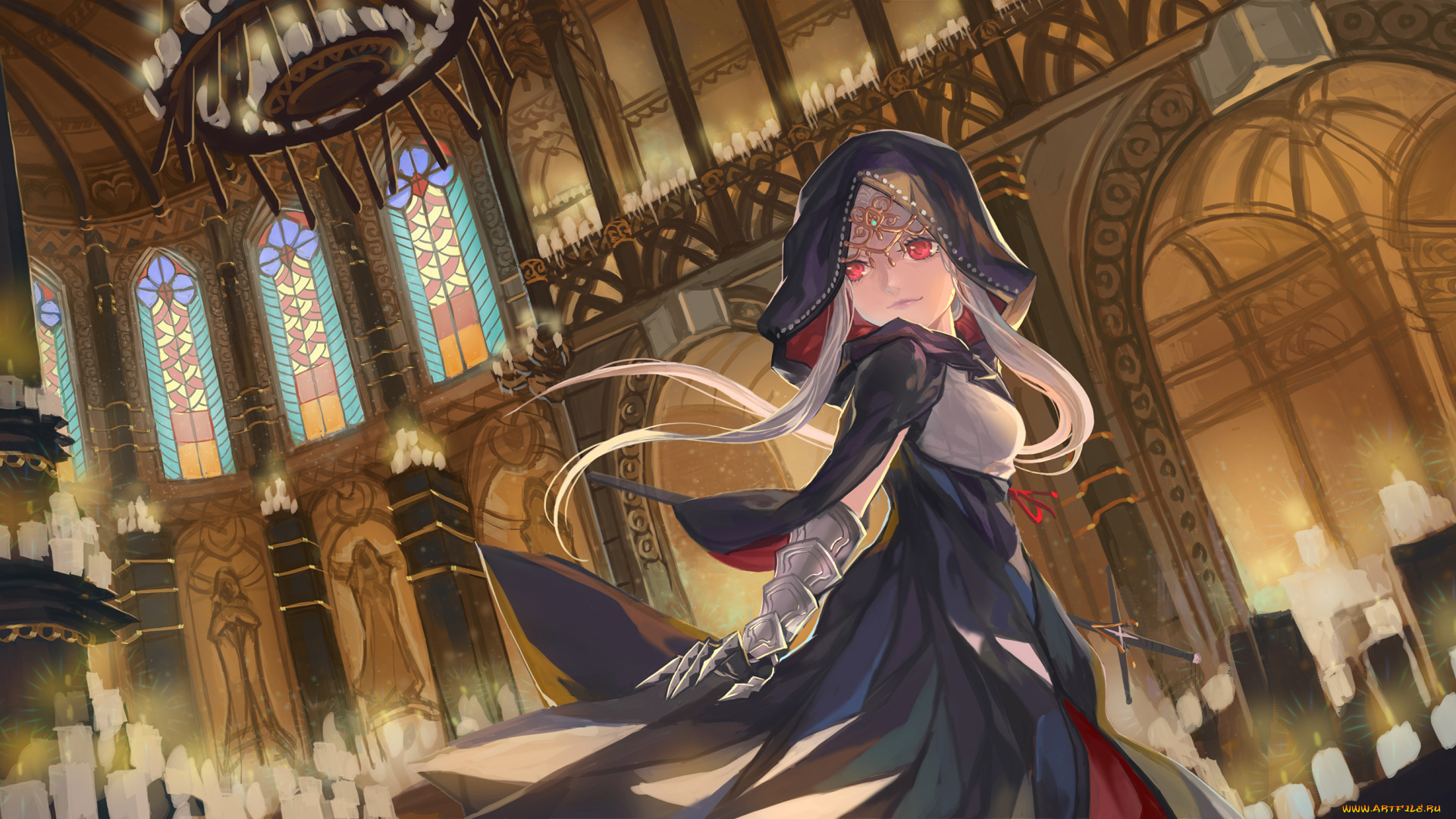 аниме, pixiv, fantasia, капюшон, свечи, храм, девушка, крест, статуя, мозаика, церковь, окна