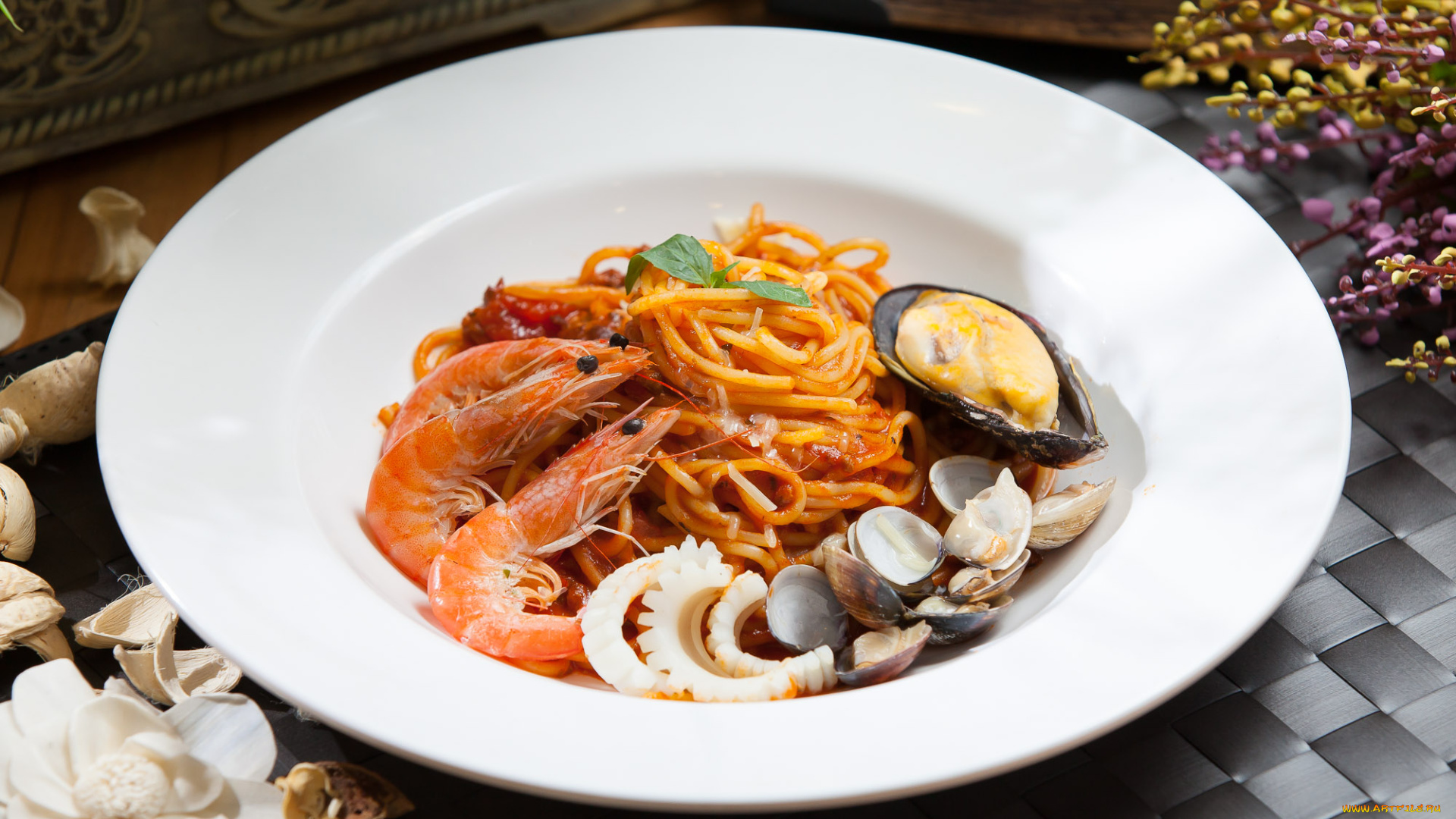 еда, макаронные, блюда, лапша, зелень, морепродукты