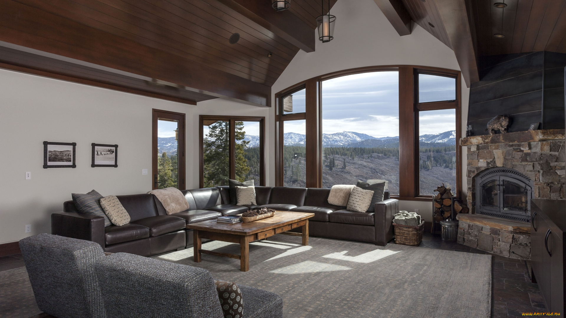 интерьер, гостиная, камин, окно, диваны, столик