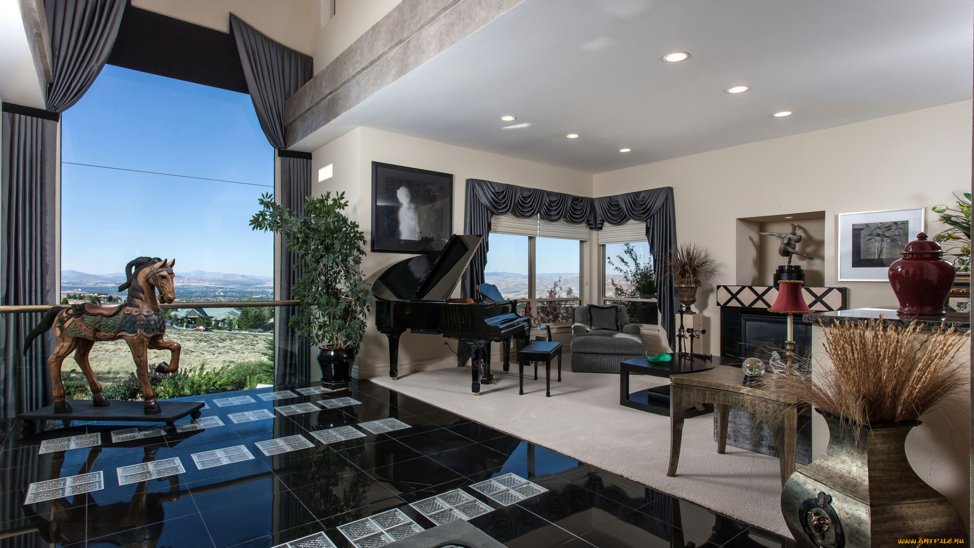 интерьер, гостиная, рояль, окно