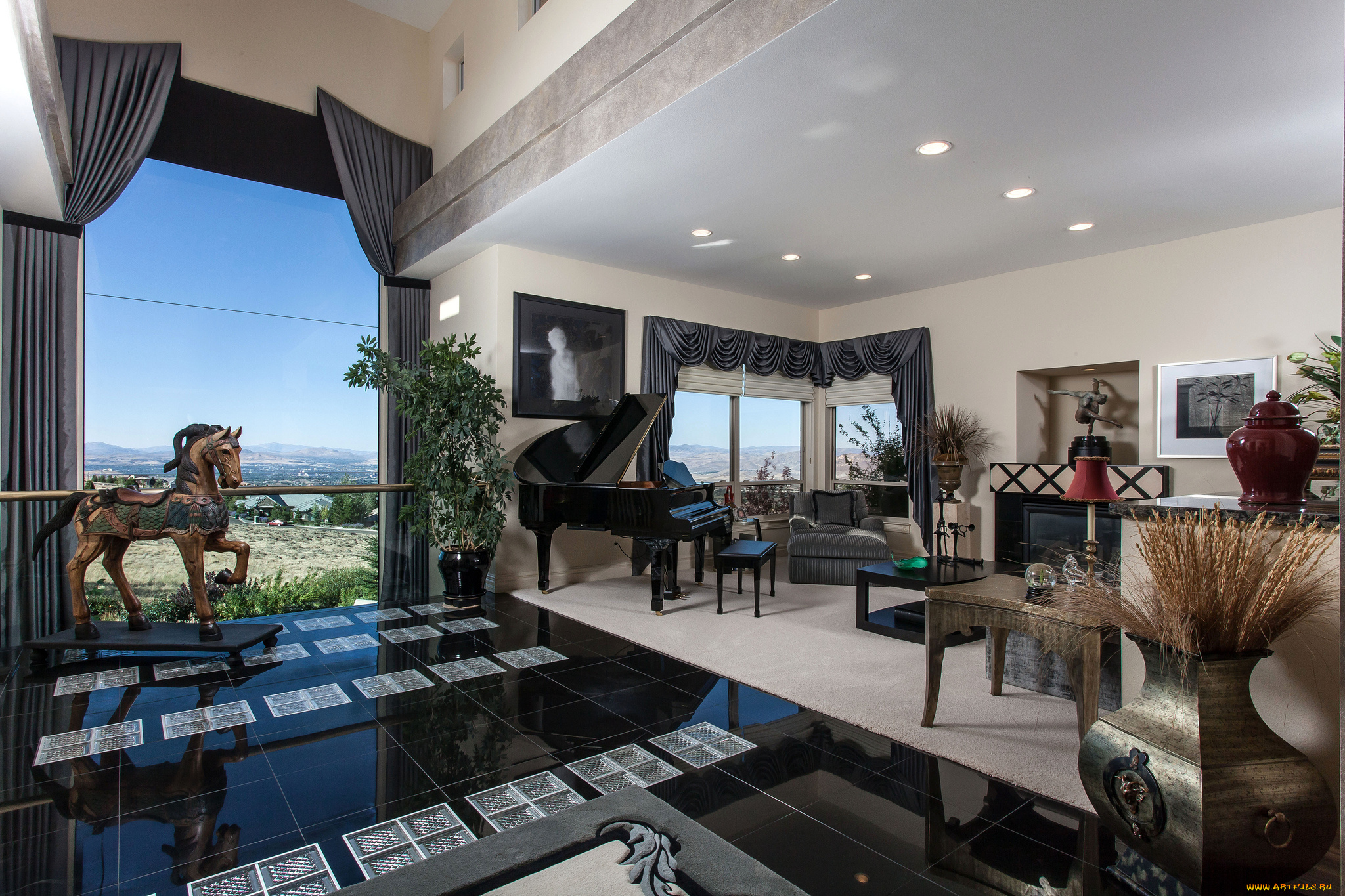 интерьер, гостиная, рояль, окно