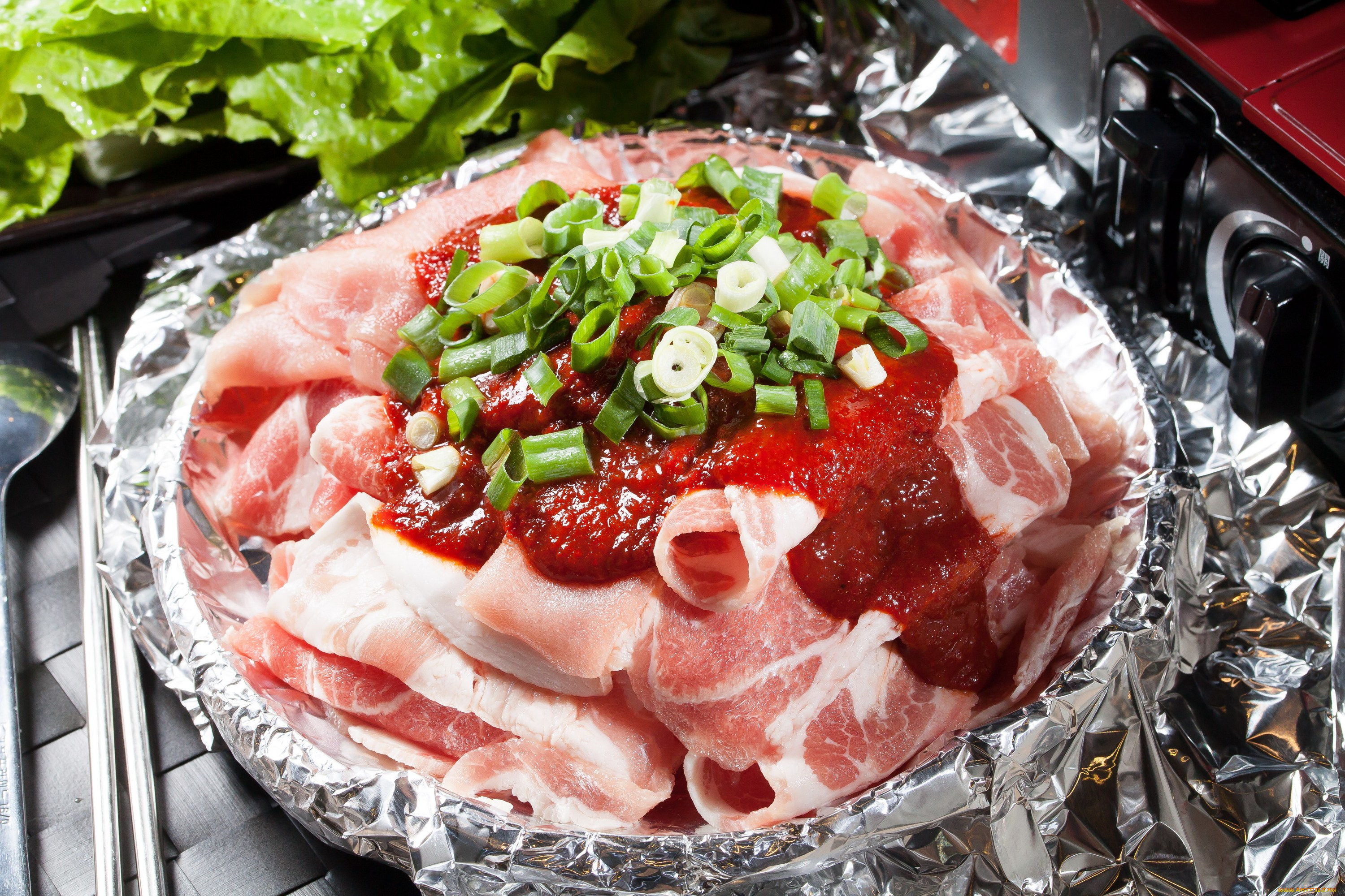 еда, мясные, блюда, зелень, бекон, мясо