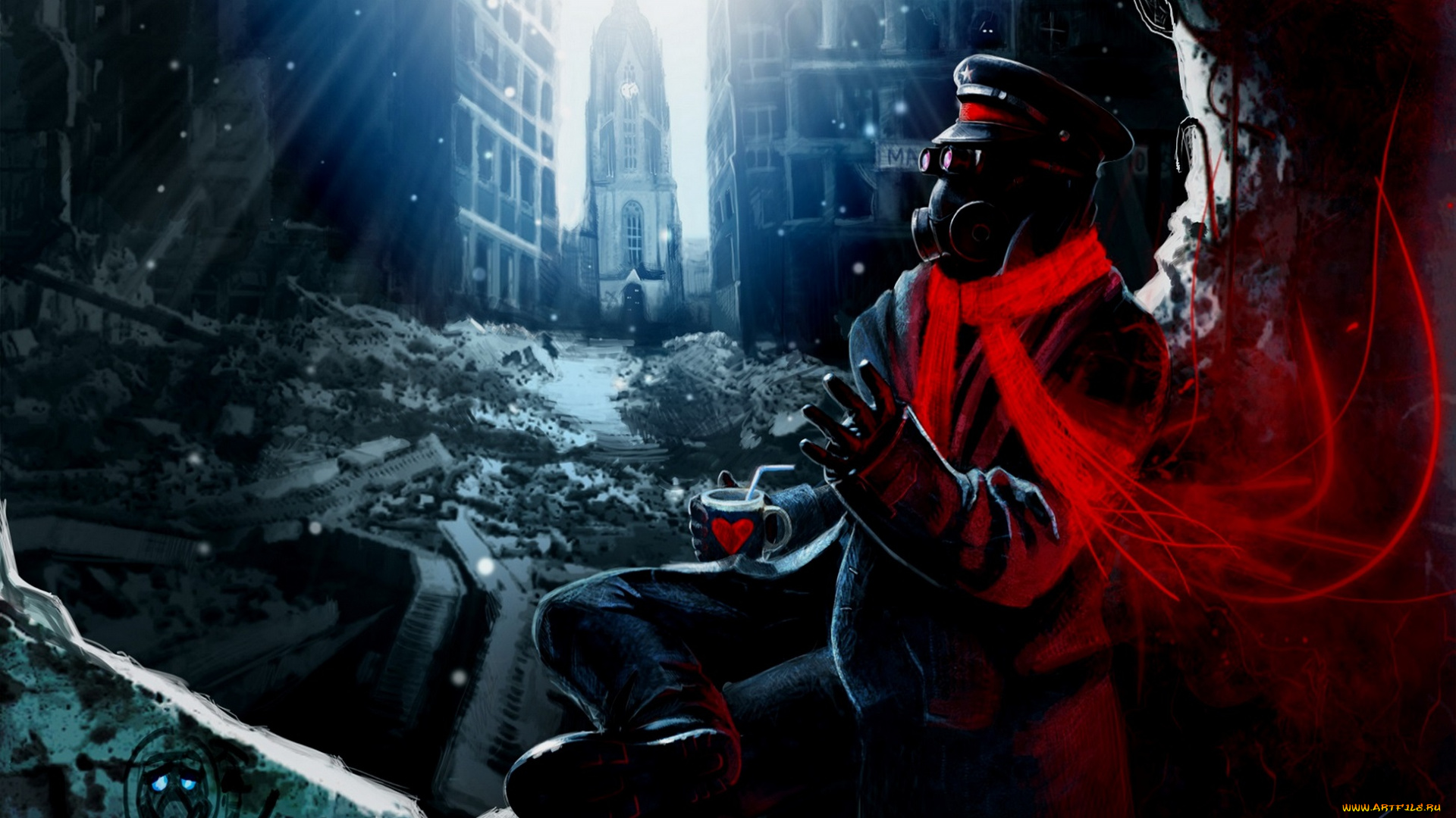 фэнтези, романтика, апокалипсиса, город, апокалипсиса, романтика, шарф, капитан, руины, развалины, человек, противогаз