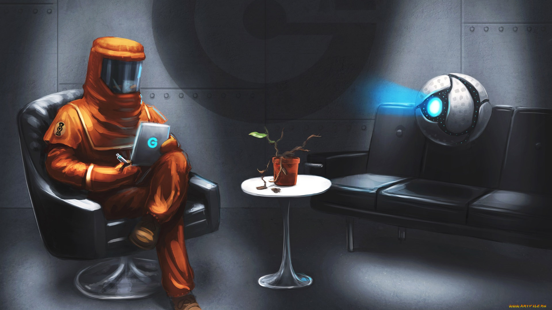 фэнтези, романтика, апокалипсиса, комната, столик, листик, растение, диван, скафандр, кресло, человек, романтика, апокалипсиса, горшок