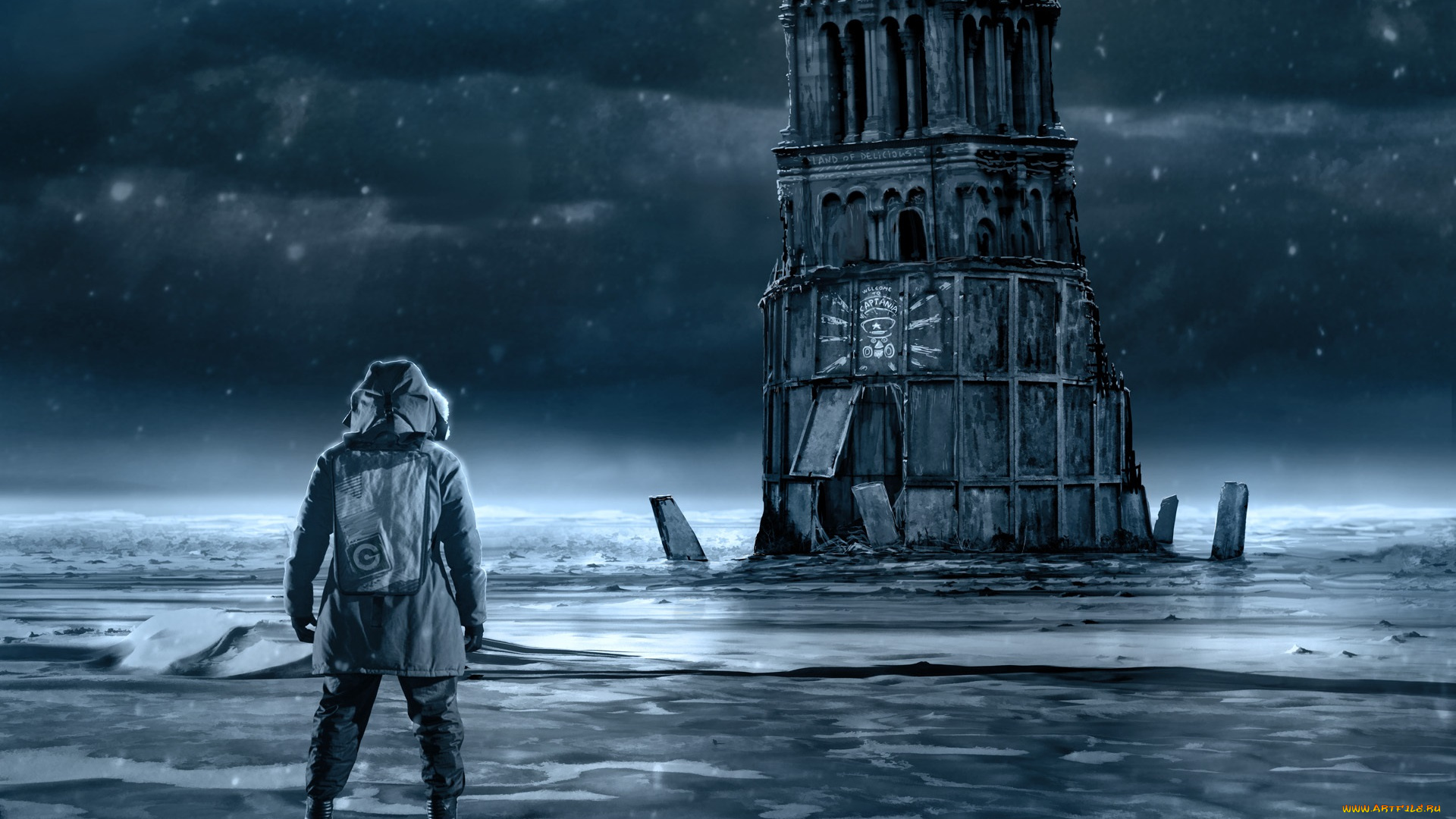 фэнтези, романтика, апокалипсиса, зима, снежинки, лёд, тучи, человек, апокалипсиса, романтика, рисунок, строение