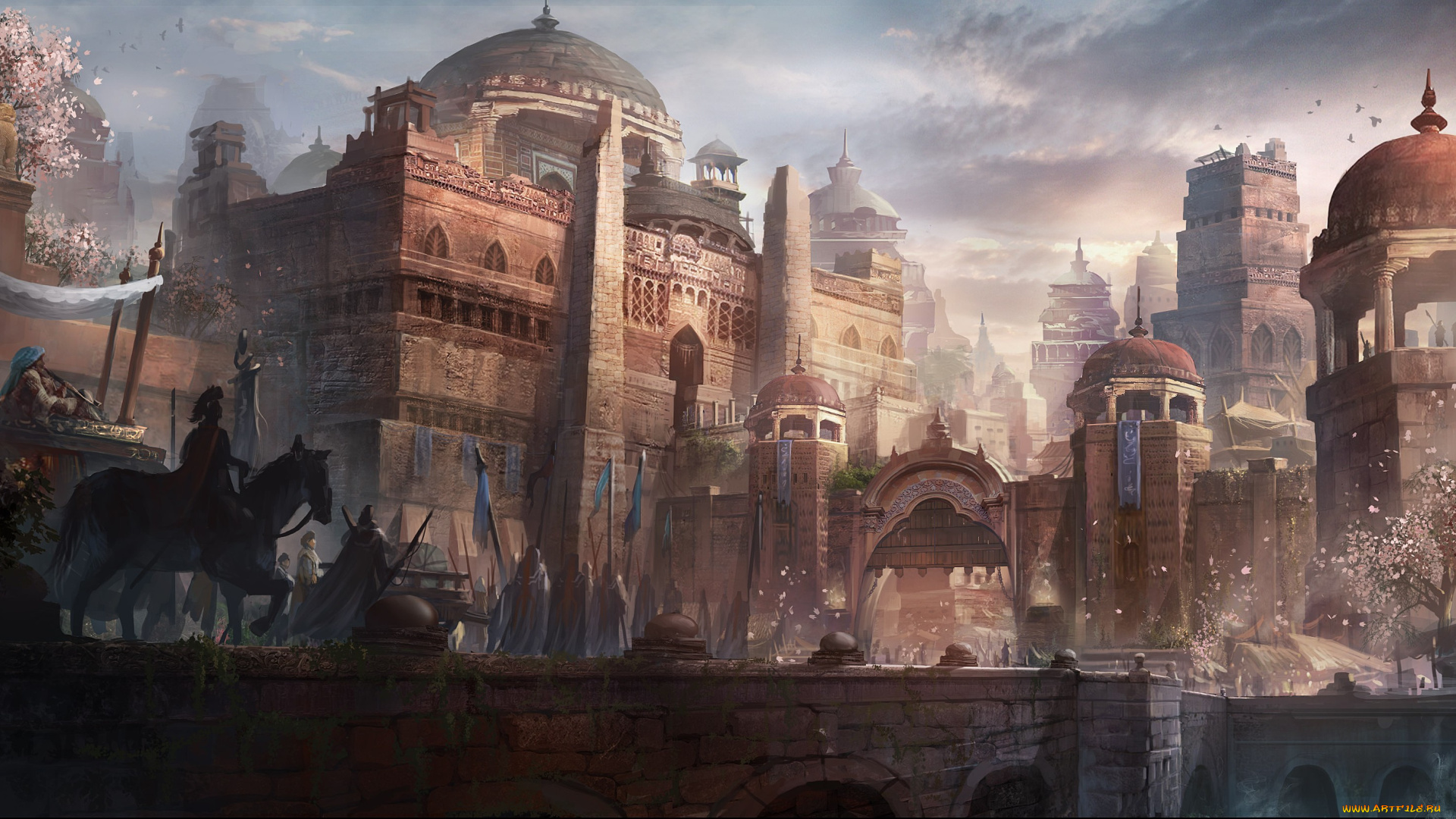 фэнтези, замки, мост, ворота, всадник, шествие, люди, замок, арт, город