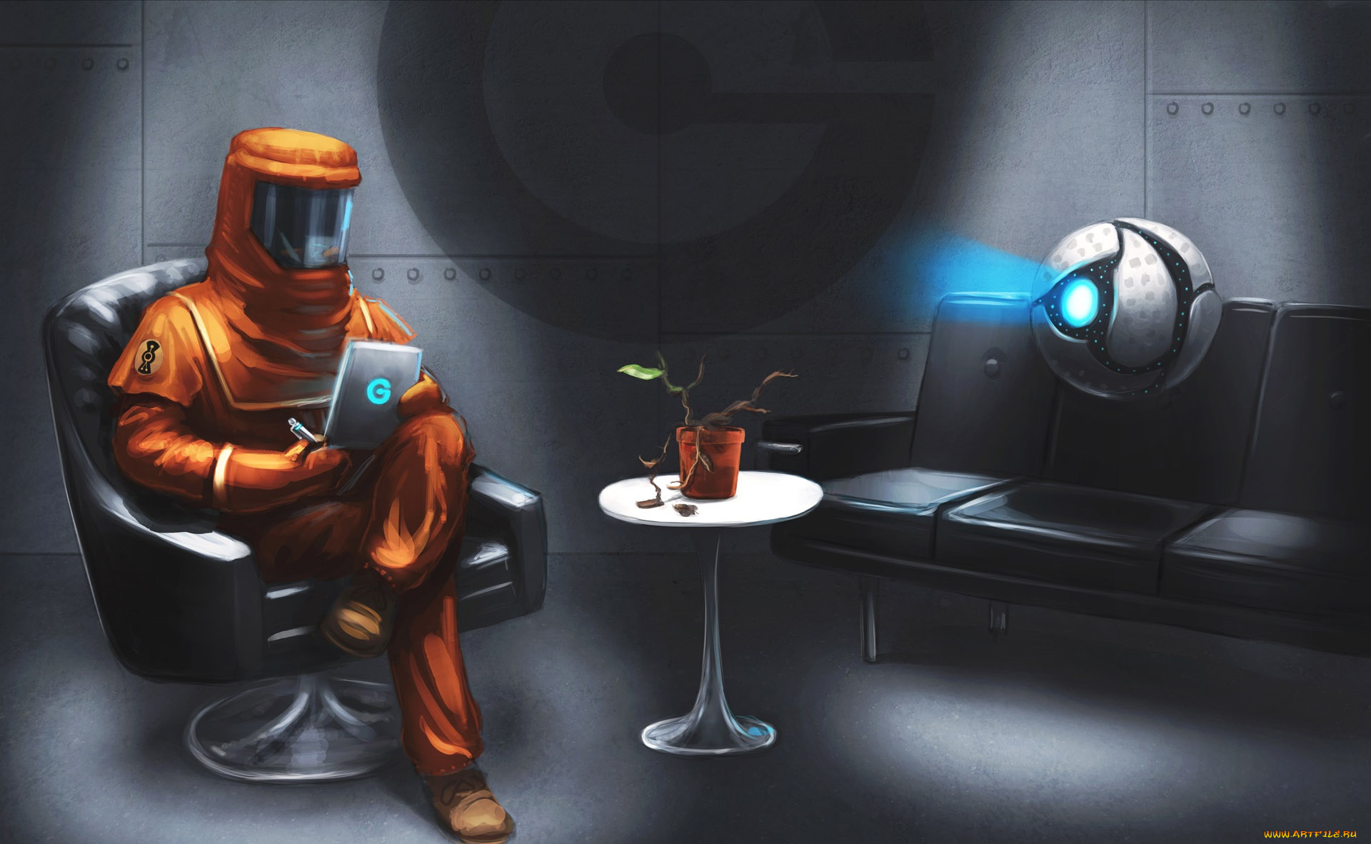 фэнтези, романтика, апокалипсиса, комната, столик, листик, растение, диван, скафандр, кресло, человек, романтика, апокалипсиса, горшок