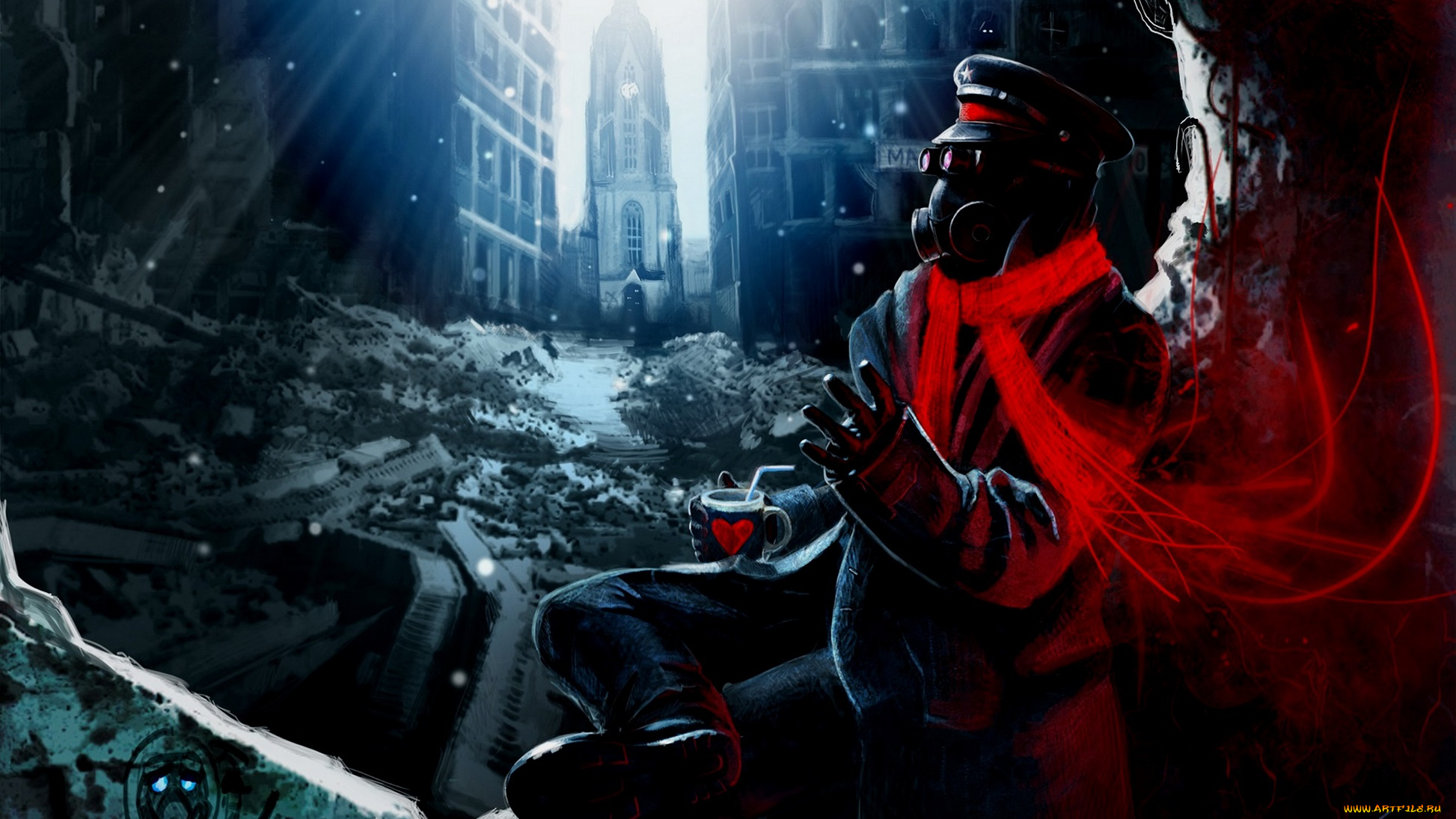 фэнтези, романтика, апокалипсиса, город, апокалипсиса, романтика, шарф, капитан, руины, развалины, человек, противогаз