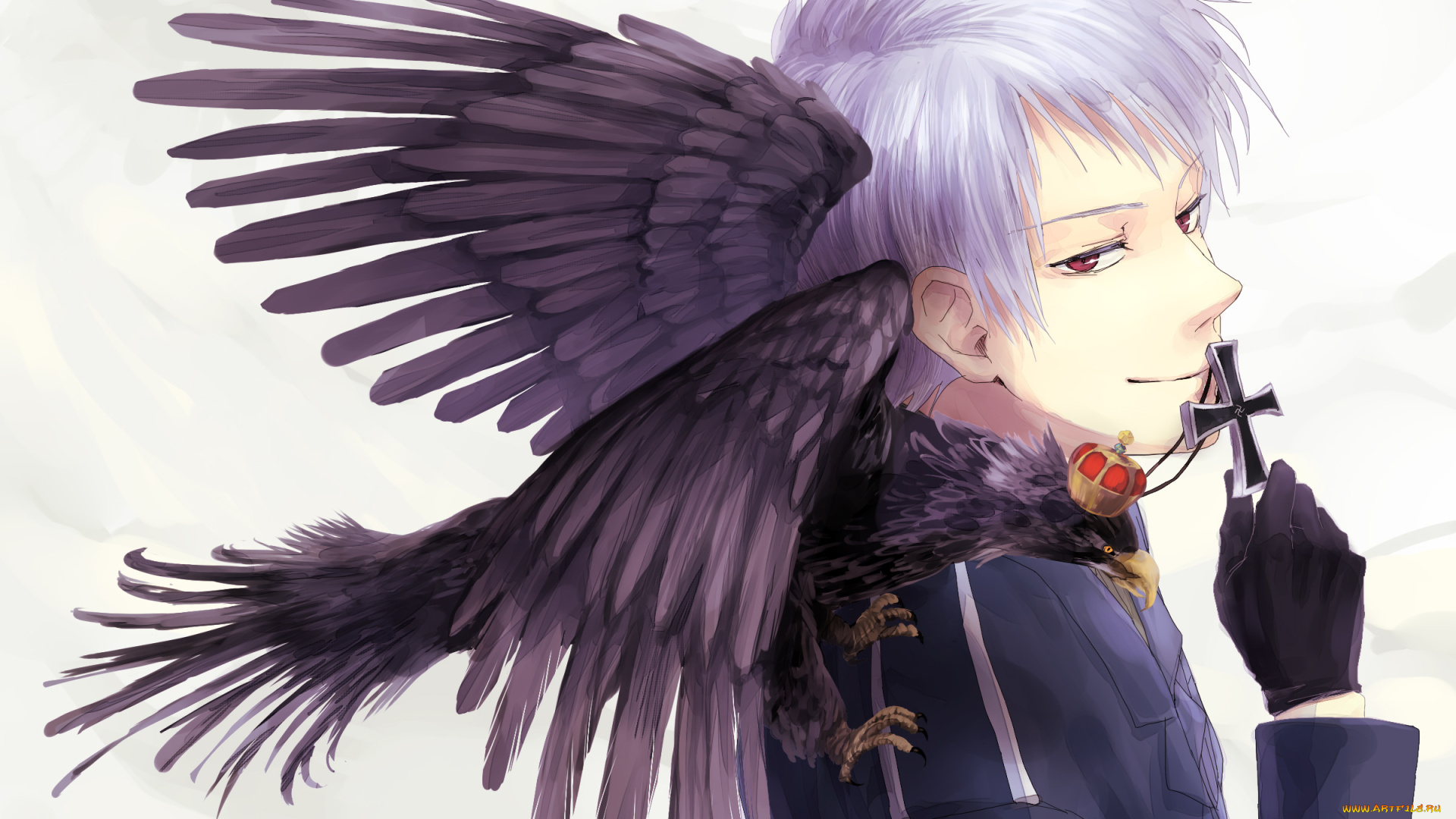 аниме, hetalia, , axis, powers, prussia, парень, ворон, крест, военная, униформа, красные, глаза, перчатки