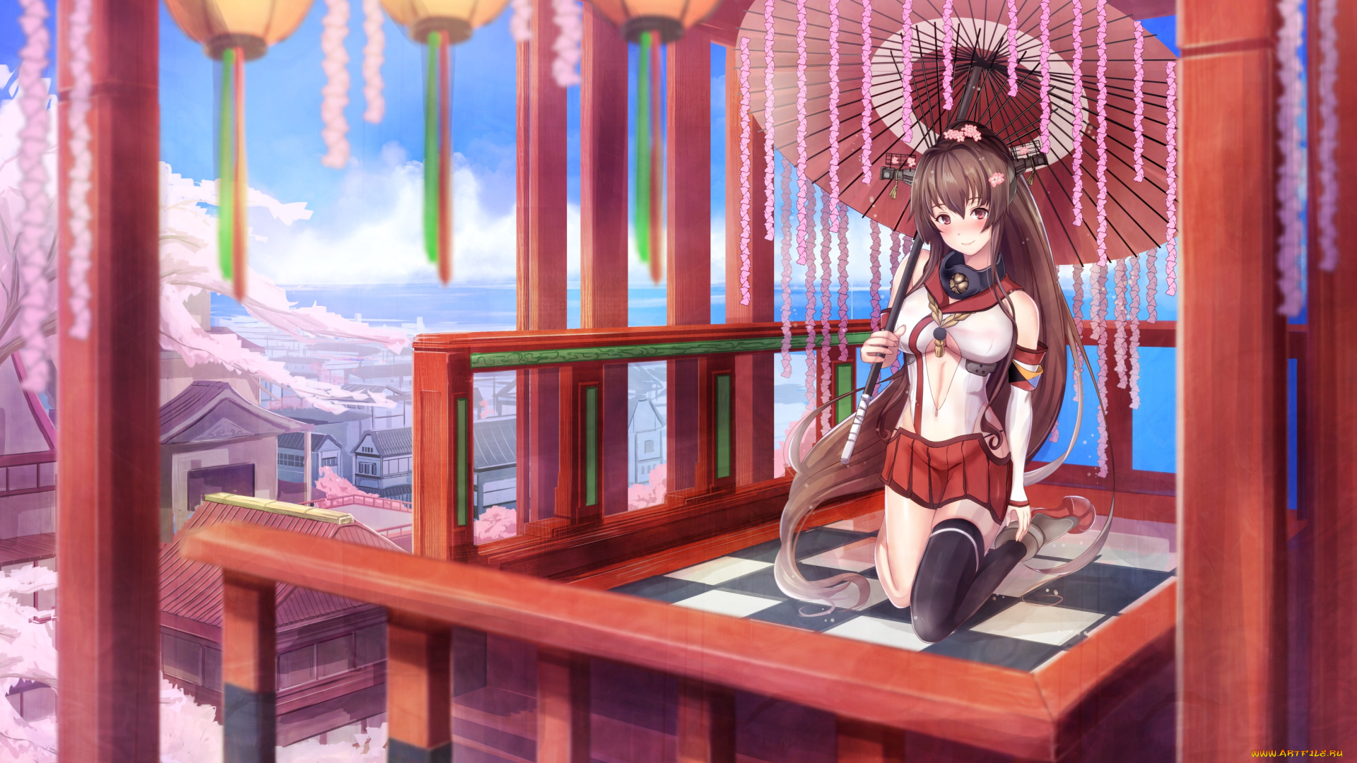 аниме, kantai, collection, зонтик, фон, взгляд, девушка