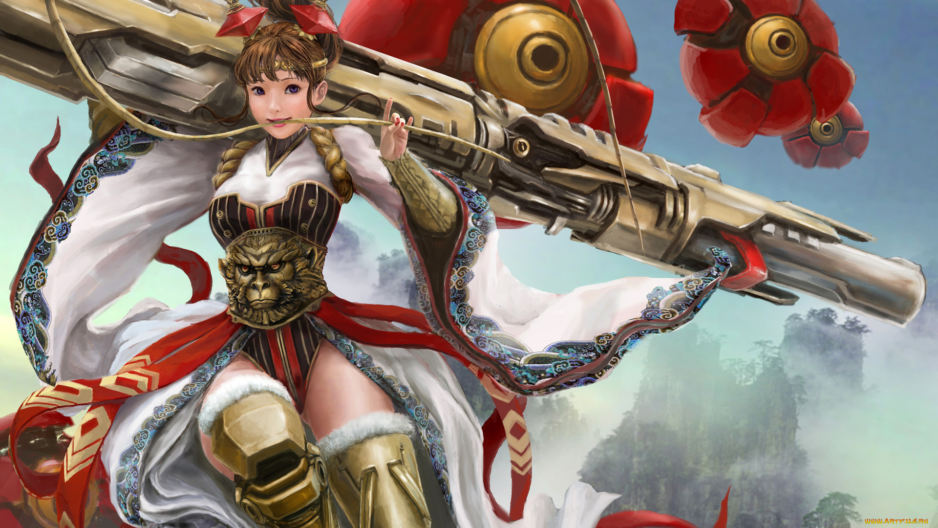 аниме, оружие, , техника, , технологии, арт, девушка, взгляд, поза, корсет