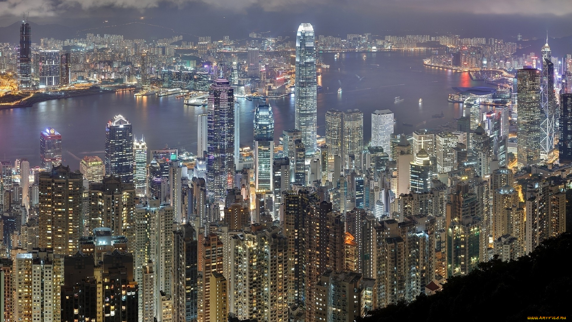 города, гонконг, , китай, река, огни, панорама, здания, дома, город