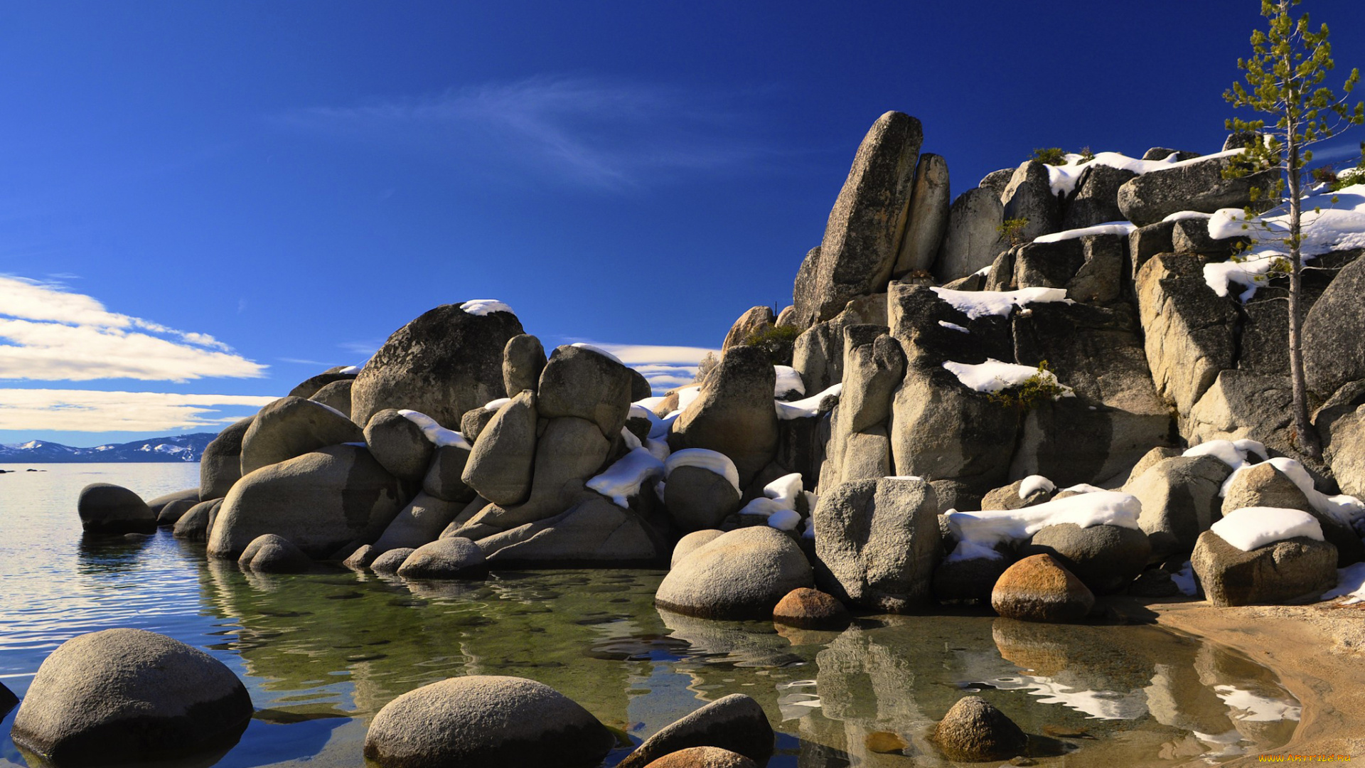 природа, побережье, весна, дерево, снег, облака, небо, камни, тахо, озеро, сша, калифорния