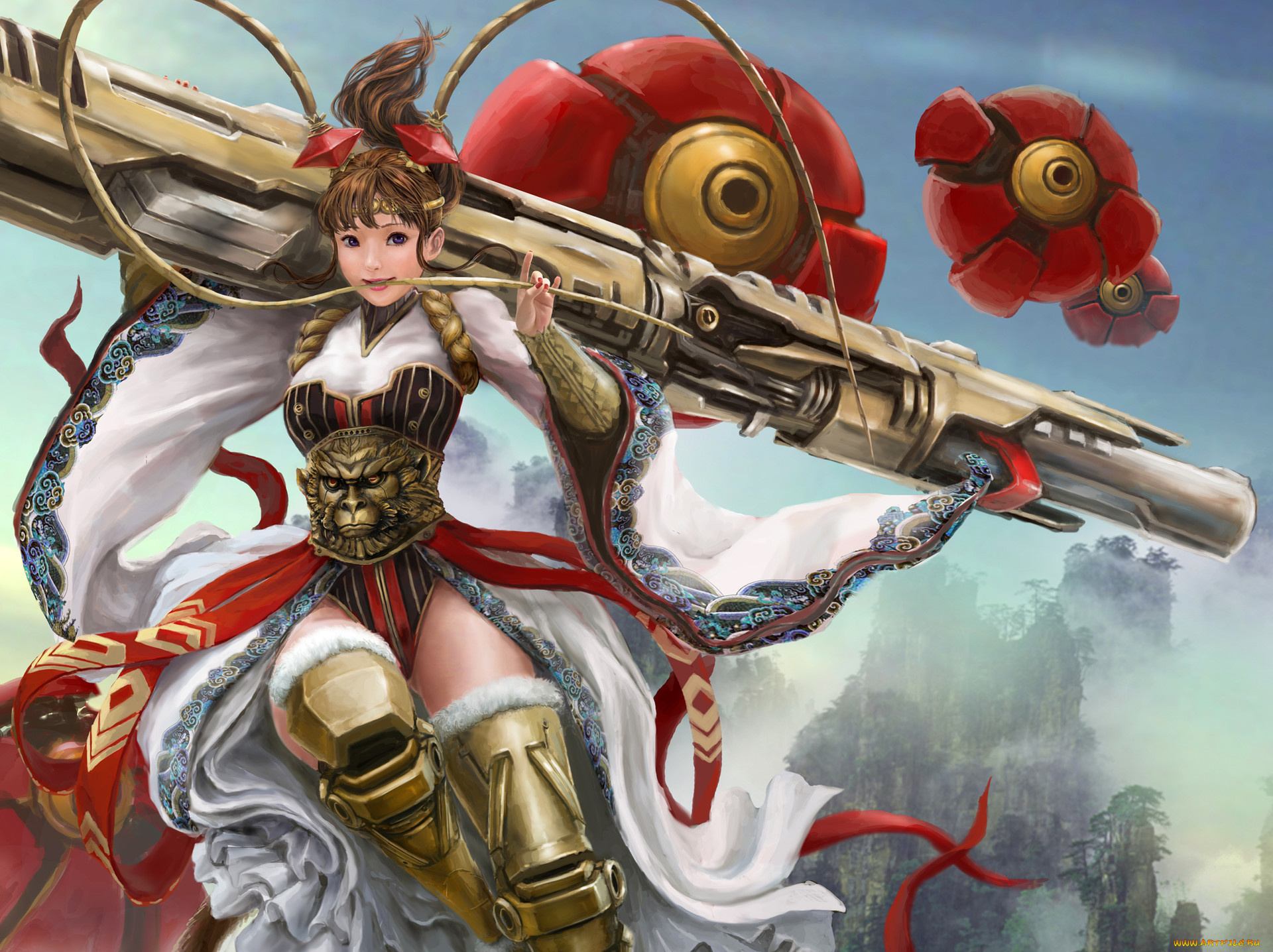 аниме, оружие, , техника, , технологии, арт, девушка, взгляд, поза, корсет