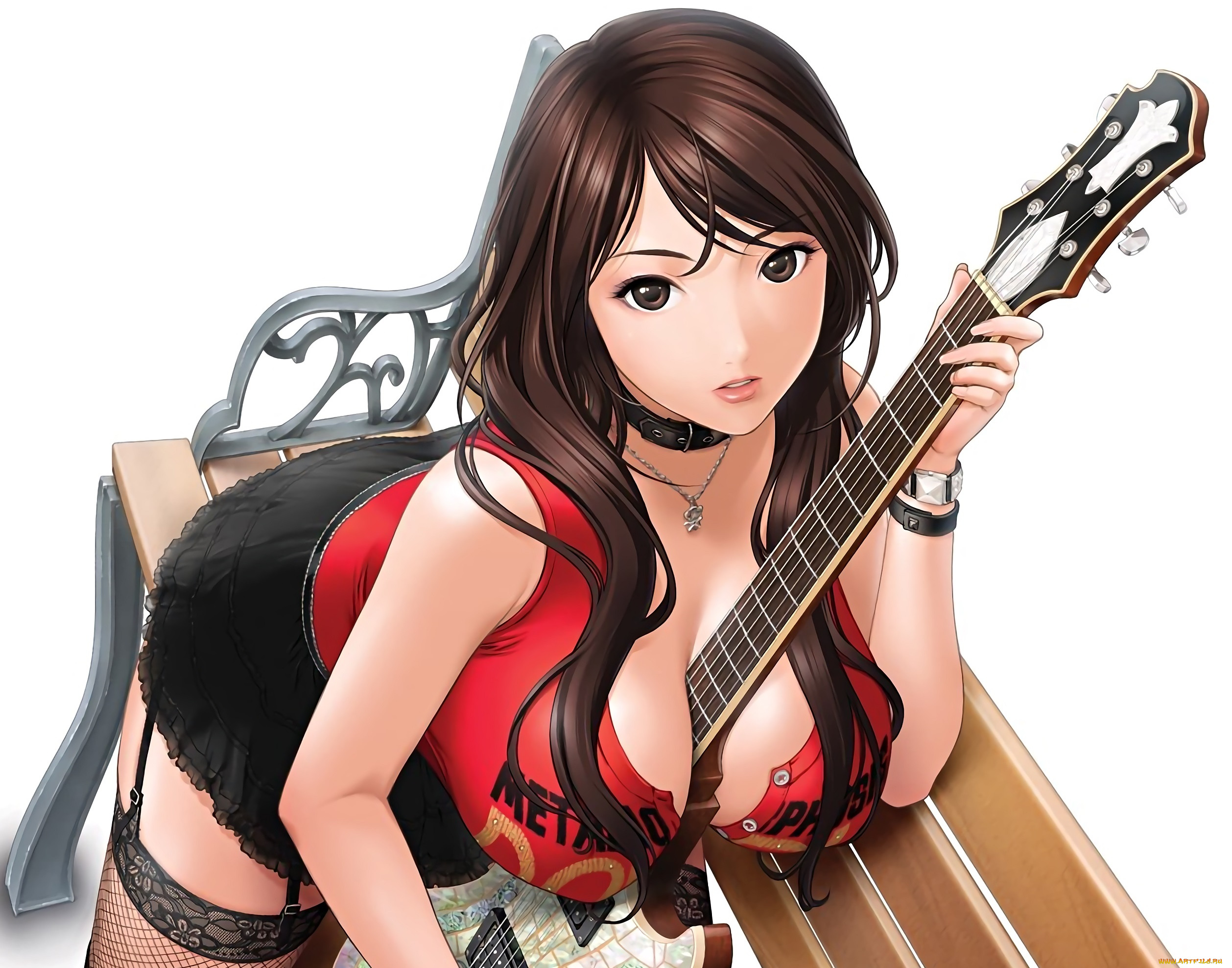 аниме, музыка, девушка, взгляд, гитара, арт