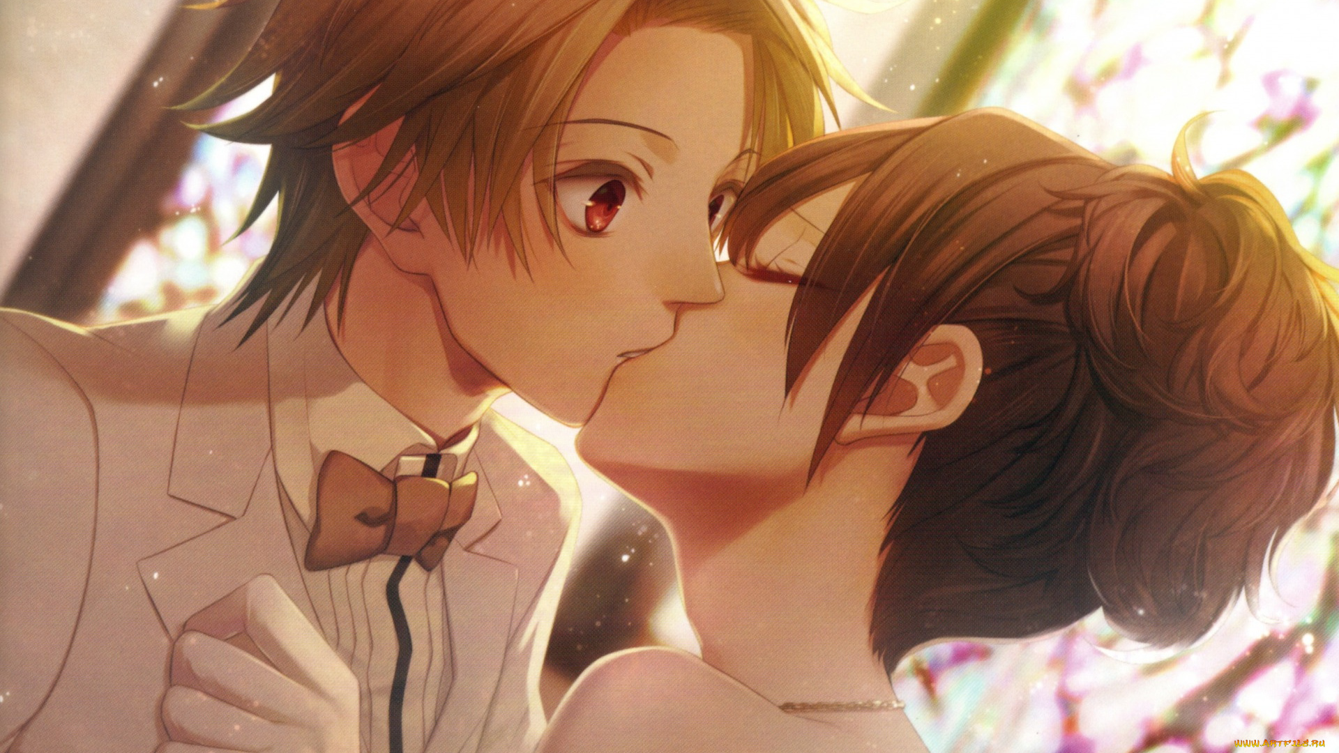 аниме, clock, zero, поцелуй, жених, и, невеста, галстук-бабочка, art, шея, journalist, clock, zero, nadeshiko, kurou, visual, novel, nagaoka, свадьба