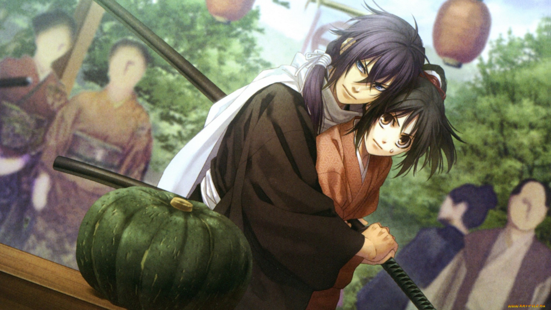 аниме, hakuouki, катана, yukimura, chizuru, shinsengumi, kitan, тыква, демоны, бледной, сакуры, yone, kazuki, art, люди, saitou, hajime, двое