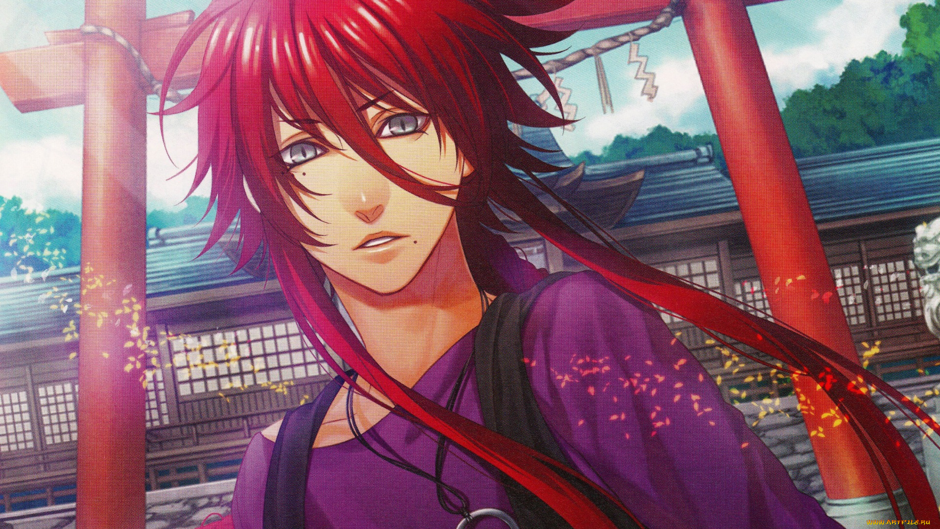 аниме, kamigami, no, asobi, kamigami, no, asobi, игры, богов, yone, kazuki, храм, art, рыжий, лицо, родинки, парень, visual, novel, тории, loki, laevalein