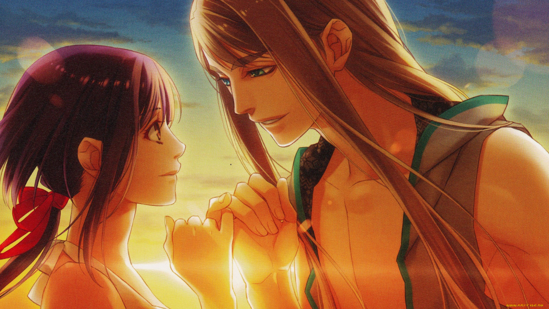 аниме, kamigami, no, asobi, небо, солнце, длинные, волосы, kamigami, no, asobi, yone, kazuki, игры, богов, art, yui, kusanagi, balder, hringhorni, visual, novel, обещание, руки, двое