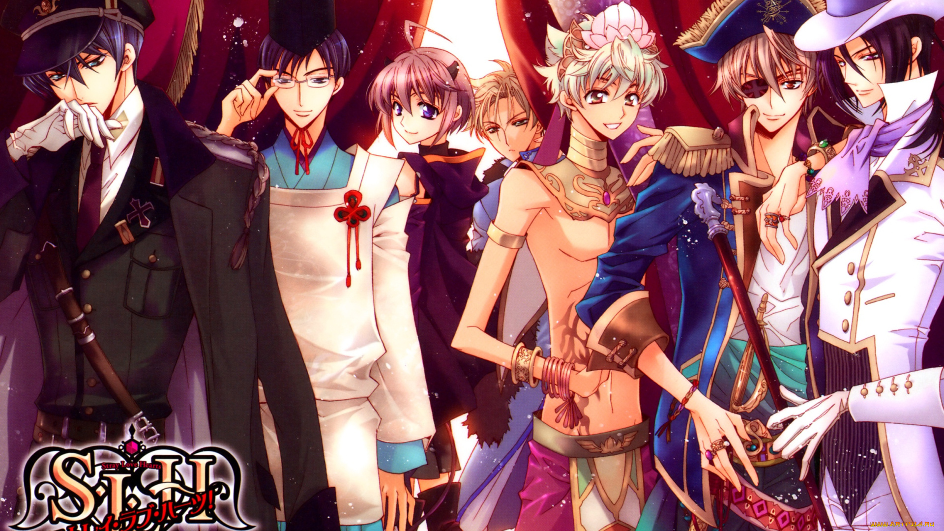 аниме, stray, love, hearts, hiyoki, kozue, cain, kumoide, повязка, на, глаз, шапка, stray, love, hearts, цилиндр, военная, форма, занавес, костюм, art, парни, трость, aya, shouoto, ren, ichikawa, shizuka, uryu, kuga, raizei