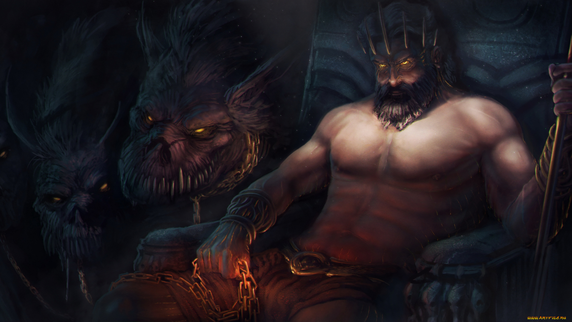 фэнтези, демоны, мужчина, церберы, взгляд, фон