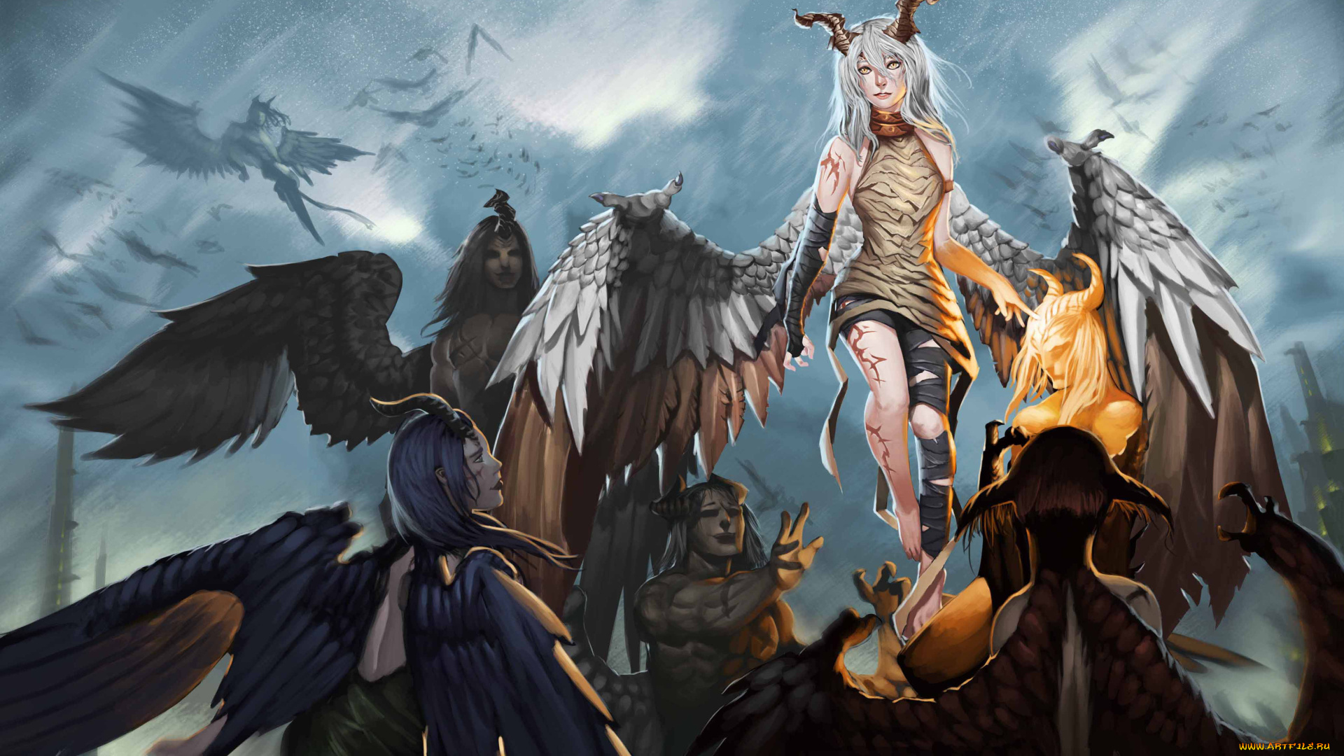 фэнтези, демоны, рога, крылья, взгляд, фон, мужчины, девушки