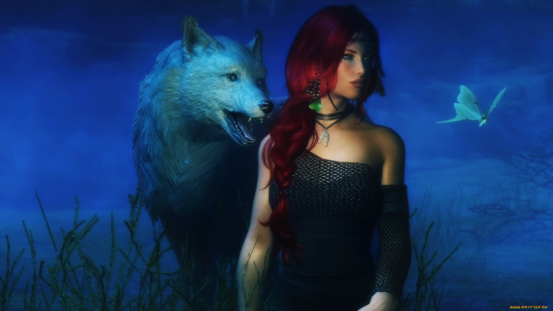 фэнтези, девушки, волк, фон, взгляд, девушка