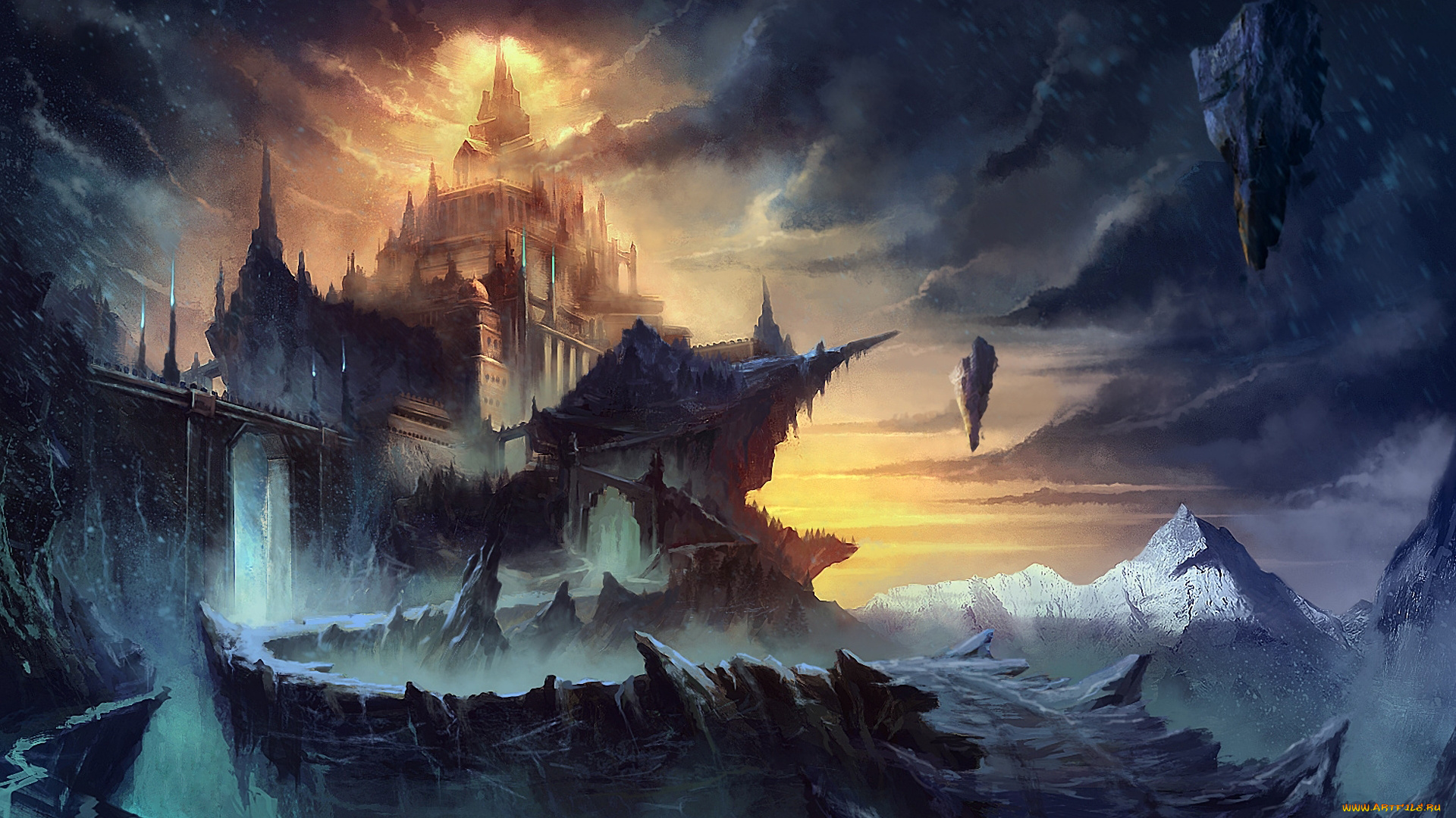 фэнтези, иные, миры, , иные, времена, город, небо, тучи, скалы, горы, снег, вершины, дома