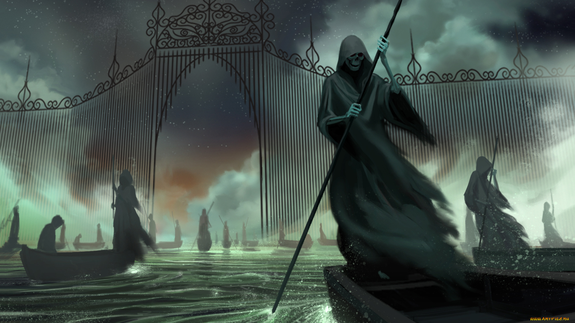 фэнтези, нежить, волрота, лодка, плащ, капюшон, вода, скилет