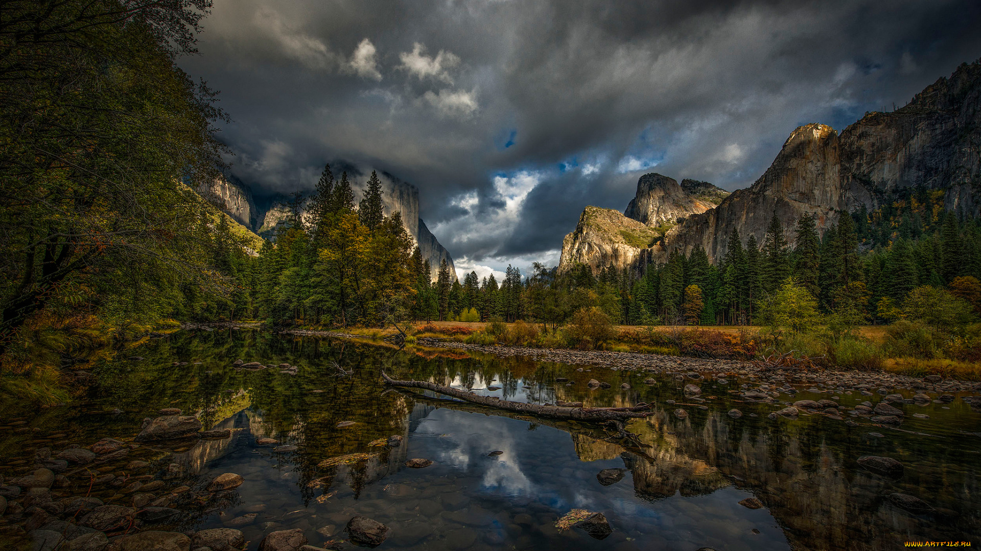 природа, реки, озера, осень, сша, лес, река, калифорния, небо, yosemite, national, park, горы, тучи
