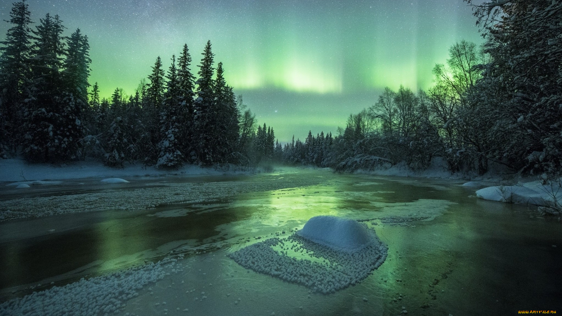 природа, северное, сияние, ночь, небо, река, лес, снег, зима, северное, сияние