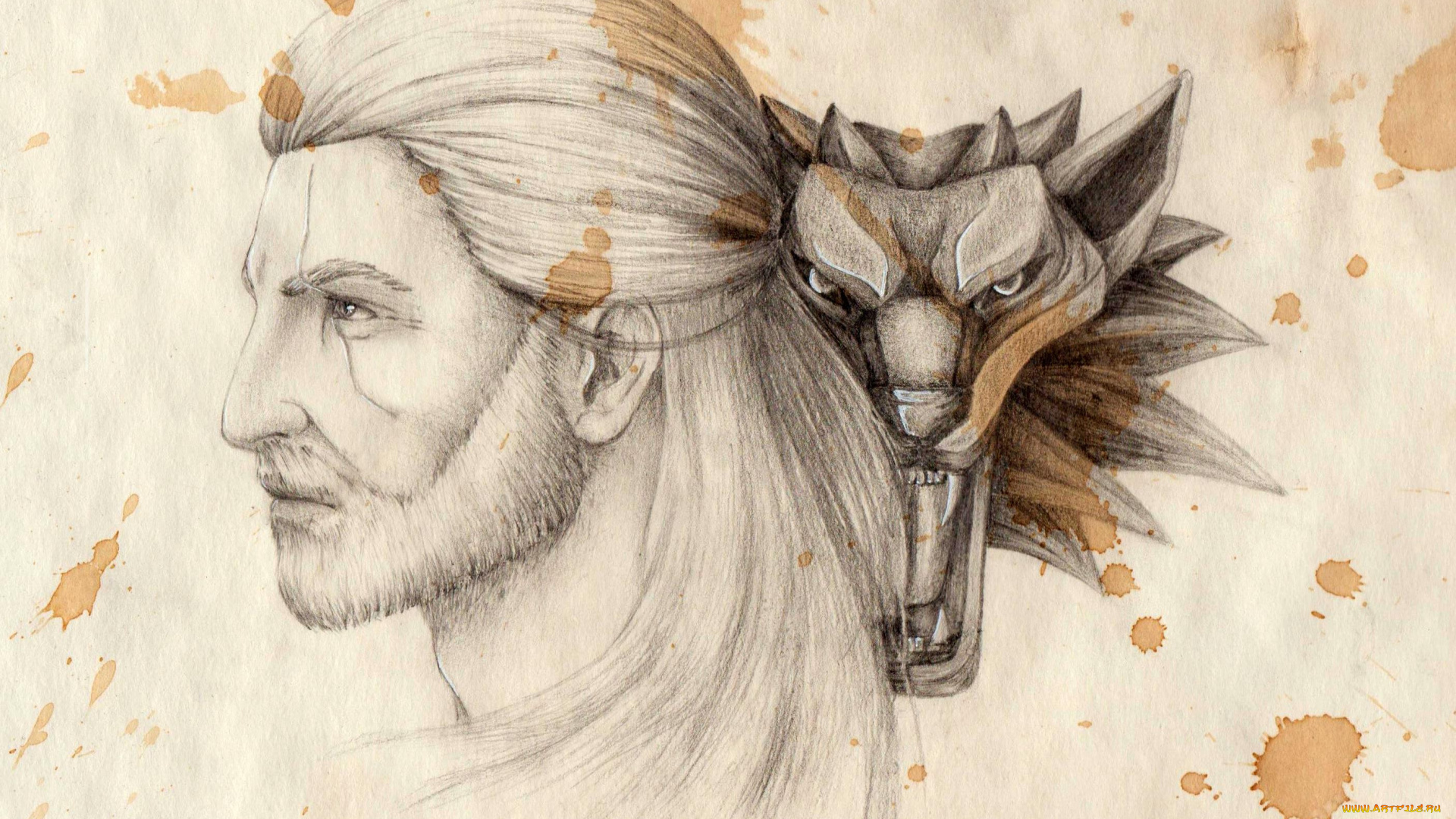 разное, арты, пятна, геральт, ведьмак, голова, знак, волк