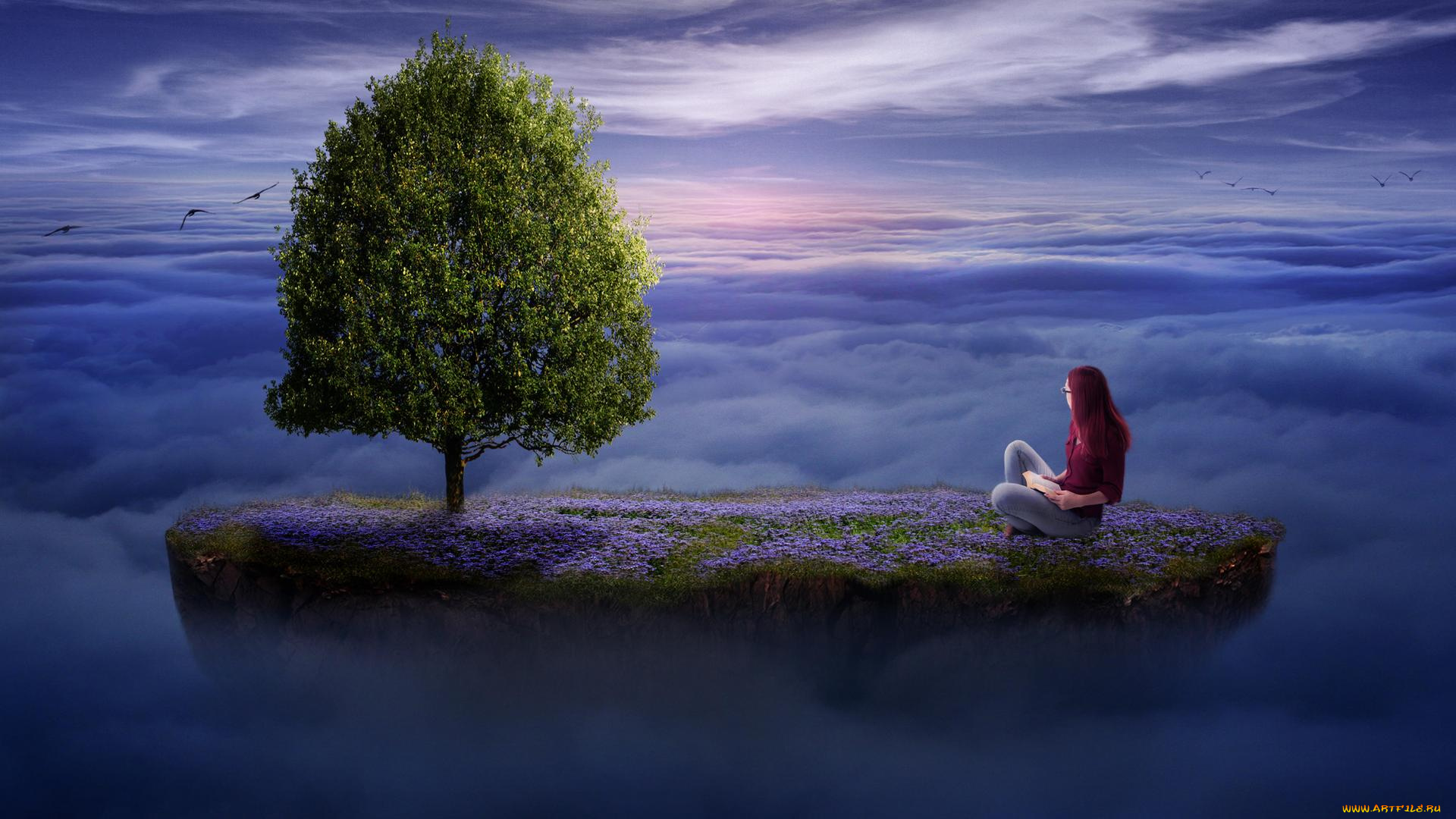 разное, компьютерный, дизайн, девушка, летающий, остров, дерево