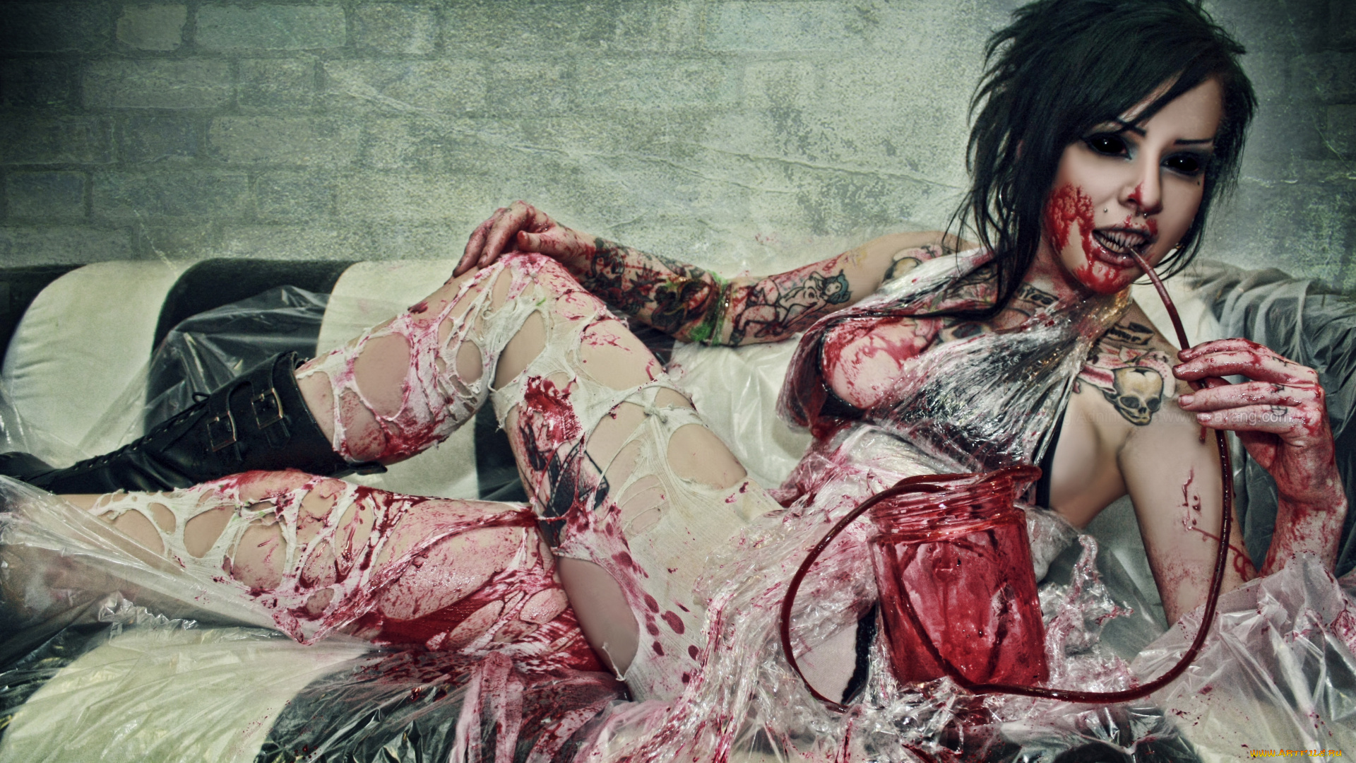 разное, компьютерный, дизайн, тату, взгляд, фон, диван, девушка, кровь