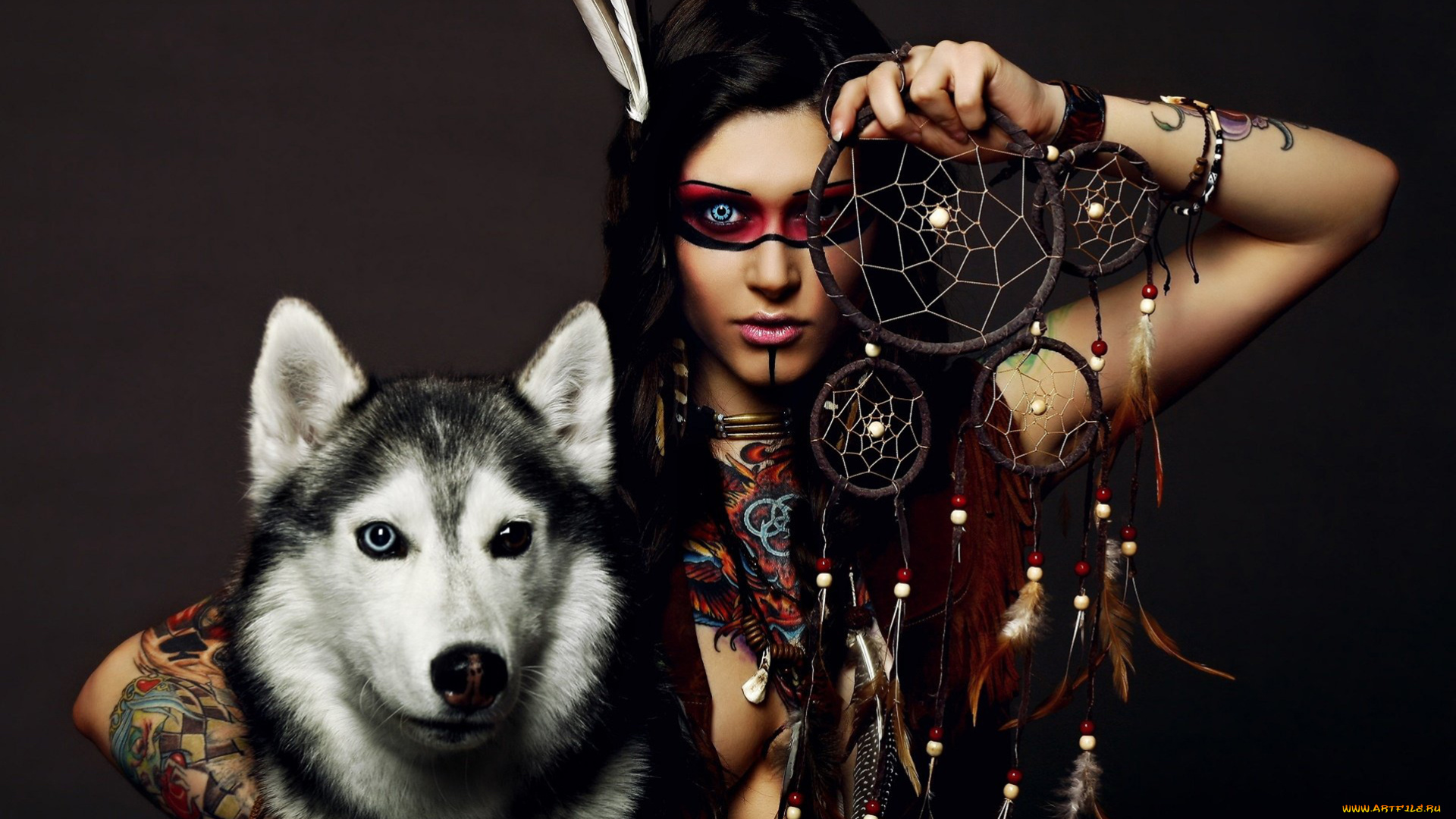 разное, маски, , карнавальные, костюмы, девушка, индианка, перья, дикий, запад, тропа, войны, хаски, собака, тотем, глаз