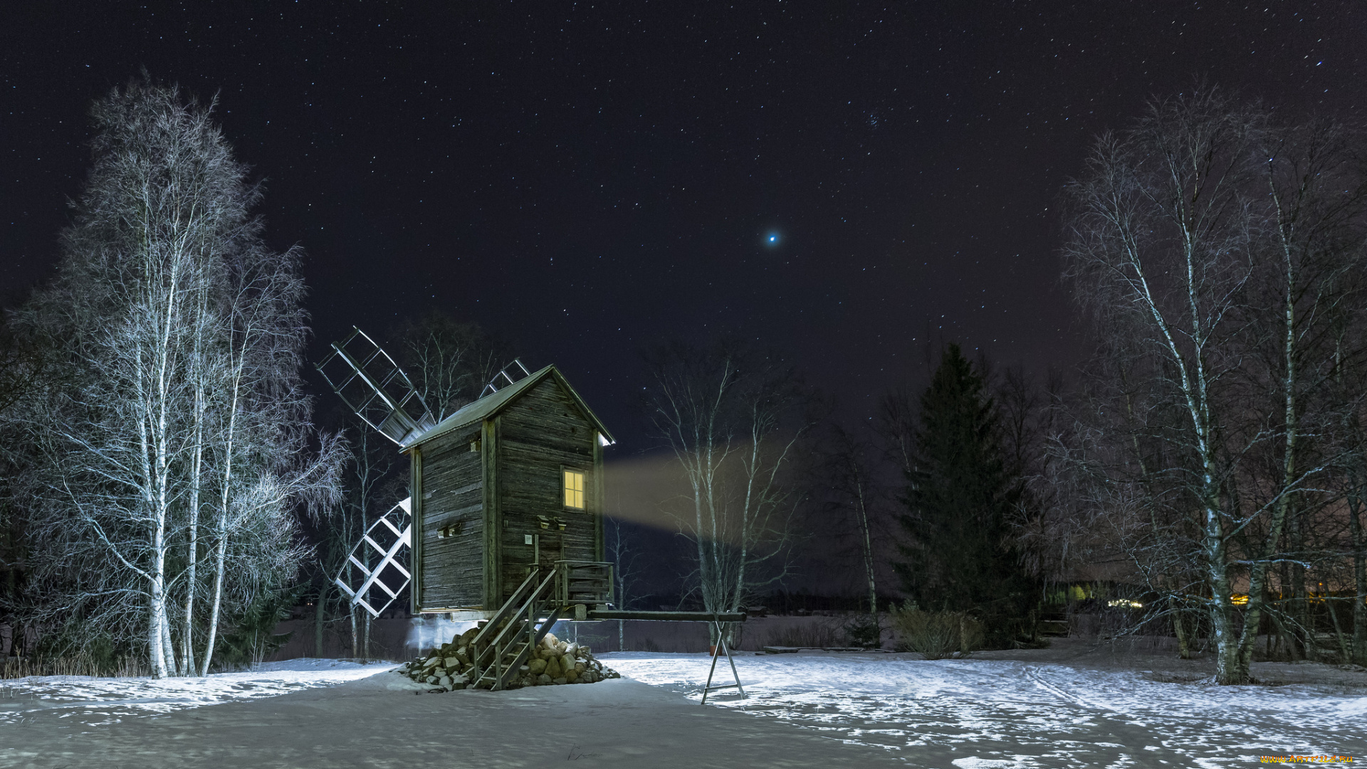 разное, мельницы, мельница, зима, ночь